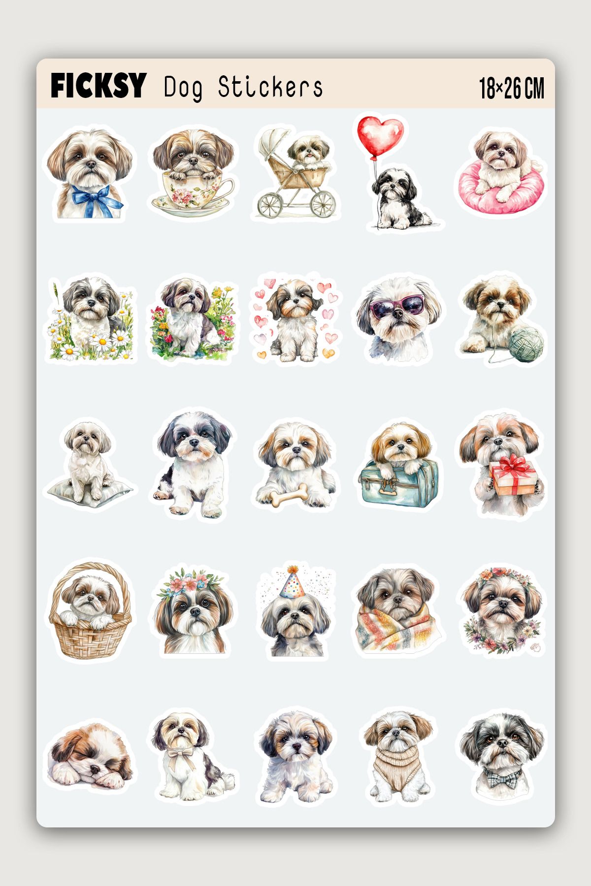 Ficksy Shih Tzu Köpek Sticker Seti - 25 Adet Etiket Çıkartma