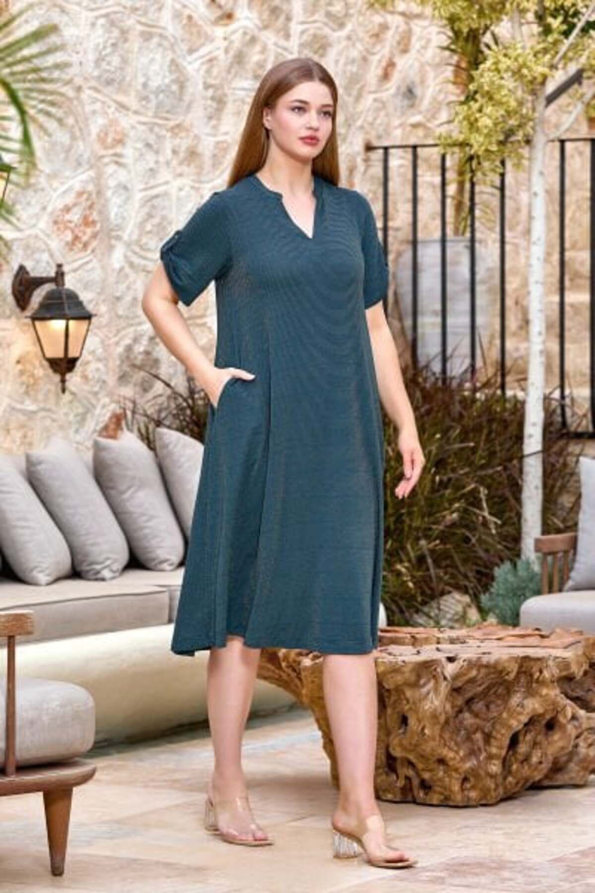 Cossy By Aqua 25779 Kadın Yeşil Çizgili Çizgi Desen Kısa Kol Elbise