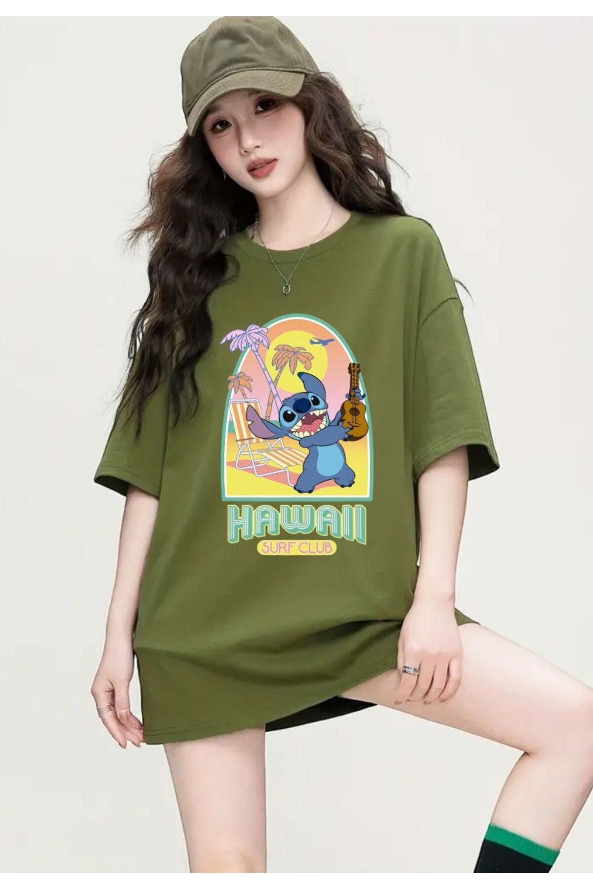 DEEFWEAR Haki Stitch Hawai Surf Club Ön Baskılı Unisex Oversize Tshirt