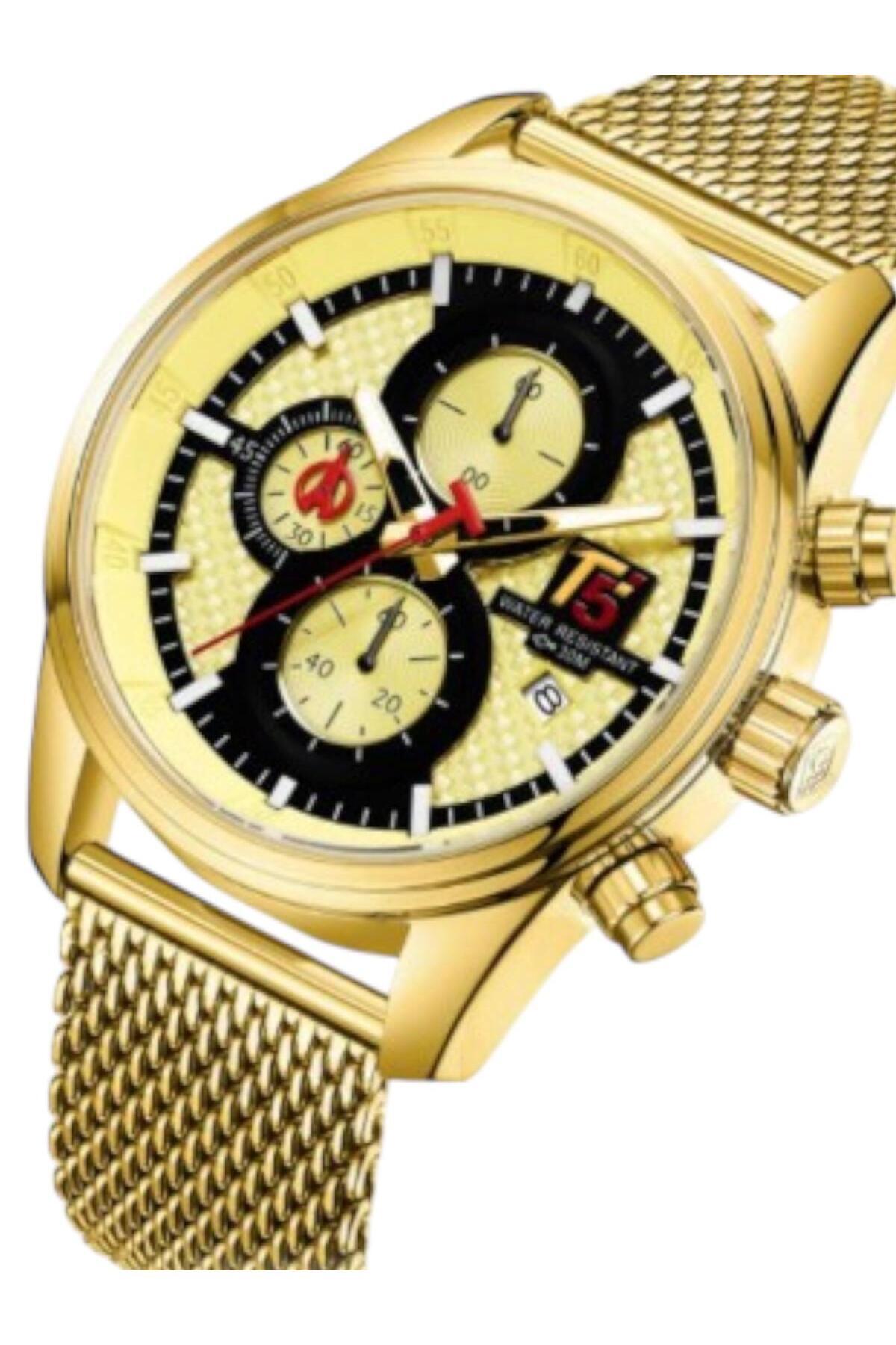 T5 Saat-T5 Gold Color Men's Wrist Watch – Stylish Design with Calendar, Chronograph Appearance, Mesh Band 3