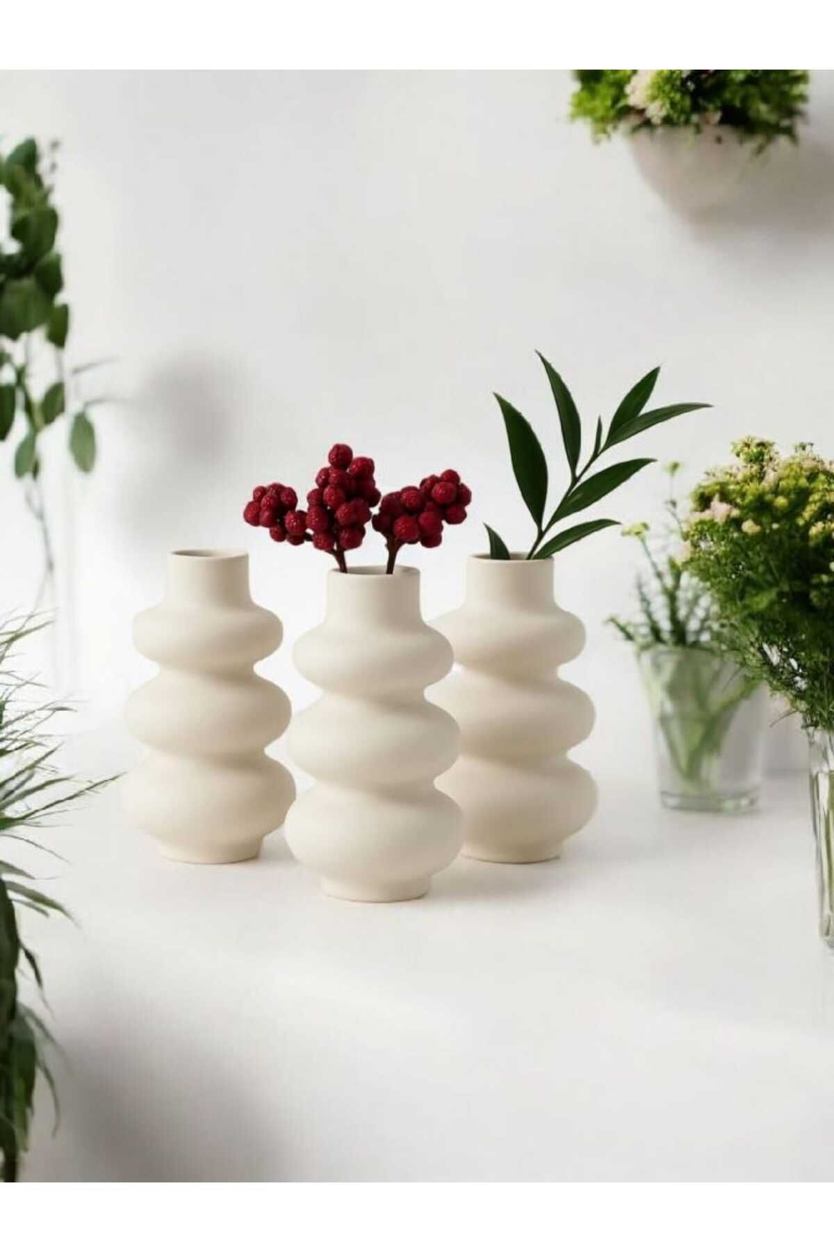 AYŞEM 3lü Hediyelik Modern,Minimal,Beyaz Dekoratif Vazo,Biblo Obje