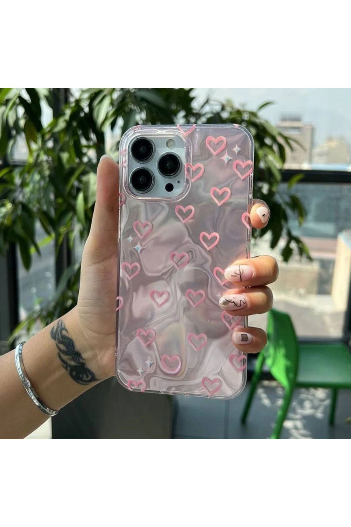 RONA STORE Apple iPhone 14 Pro Uyumlu Zebana Pembe Kalp Desenli Silikon Kılıf