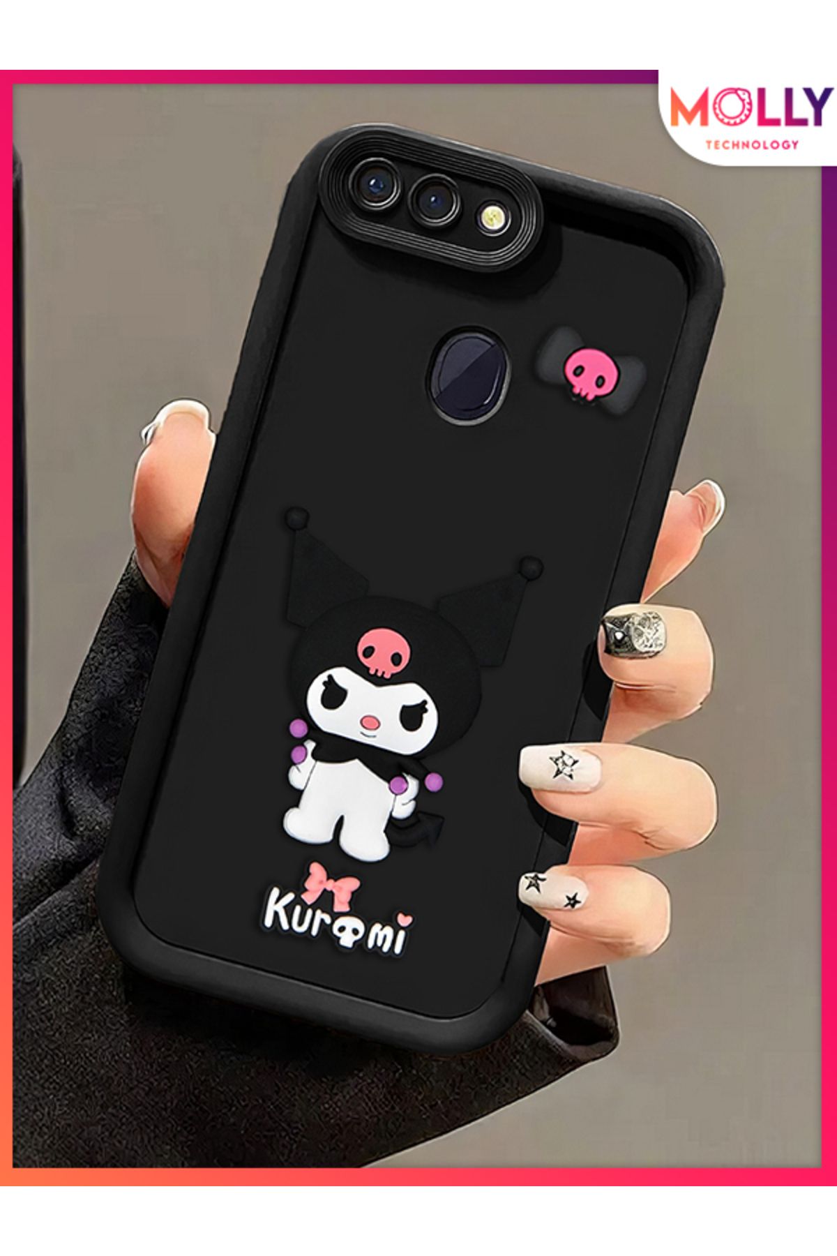 Molly Oppo AX7 İçin Siyah Kenarları Kalın 3d Kabartmalı Kawaii Kuromi Silikon Kılıf