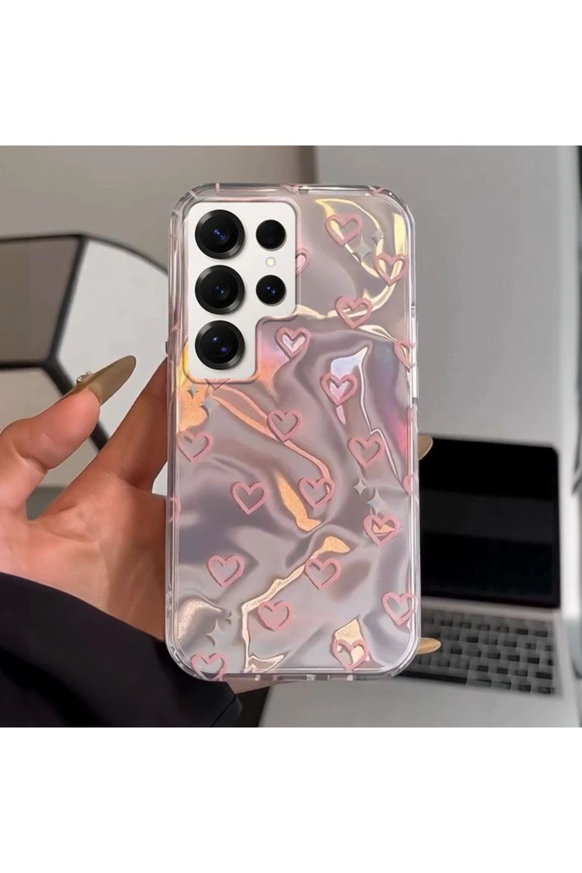 RONA STORE Samsung Galaxy S24 Ultra Uyumlu Zebana Pembe Kalp Desenli Silikon Kılıf