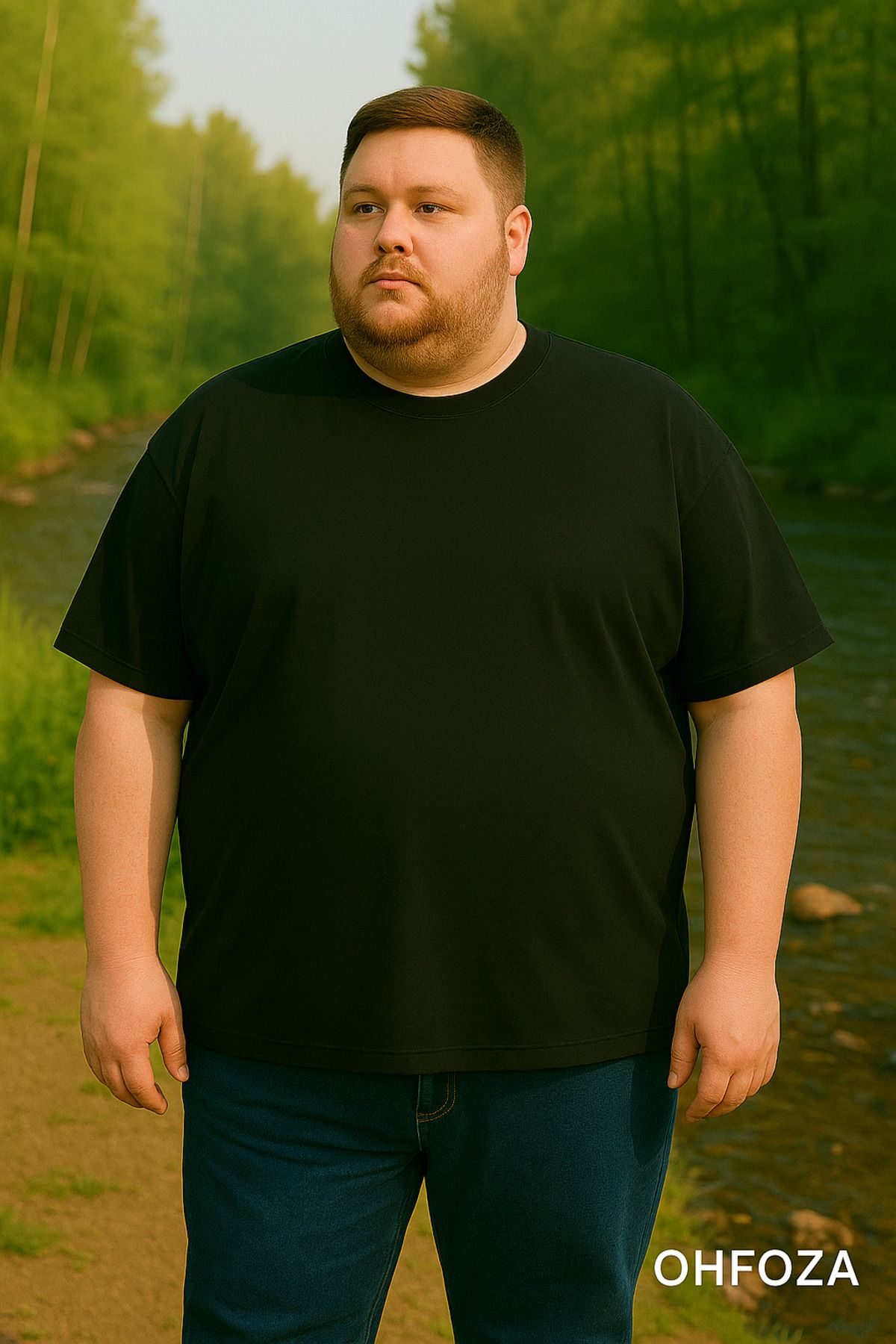 MODA OHFOZA Erkek Büyük Beden Oversize Düz Siyah T-Shirt