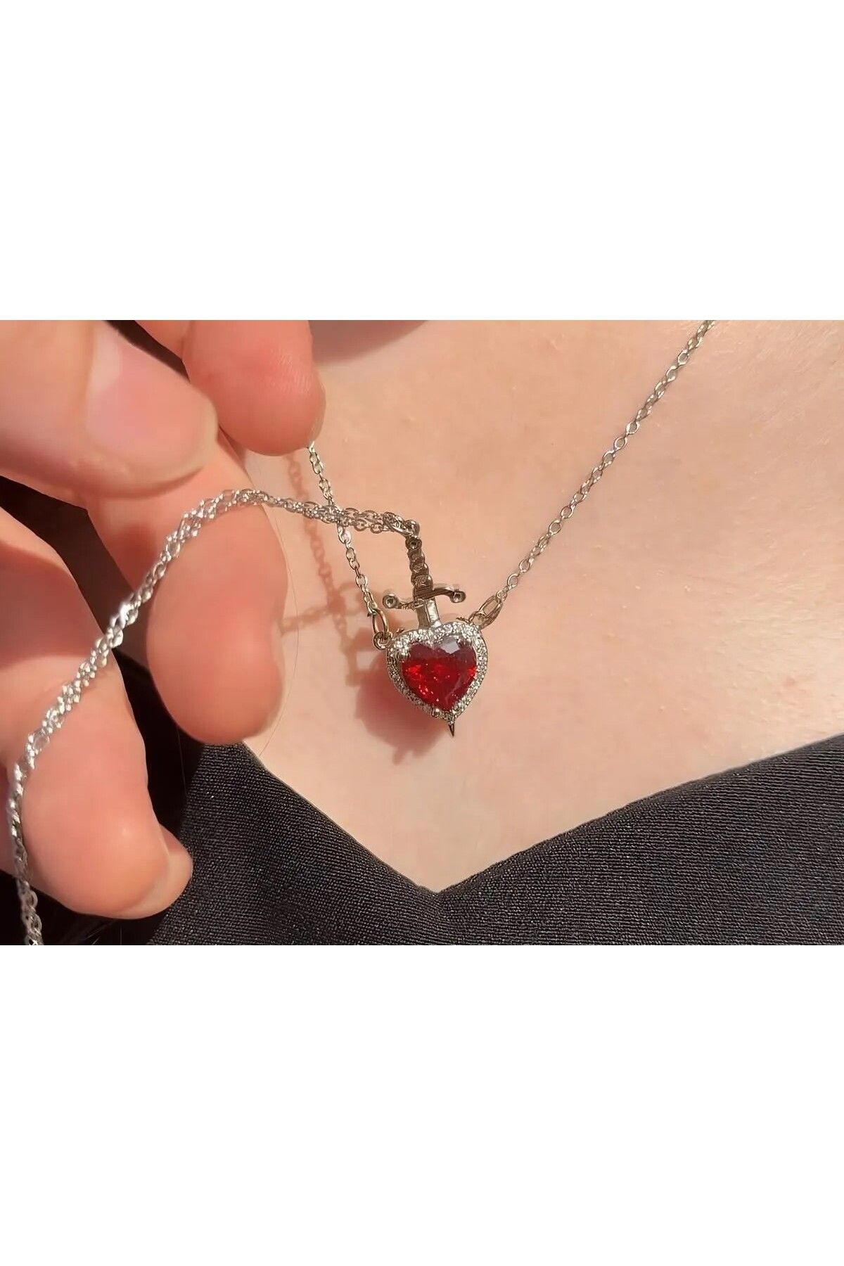 HEYjewelry Kalp Kılıç Çift Kolyesi Sevgili Kolyesi