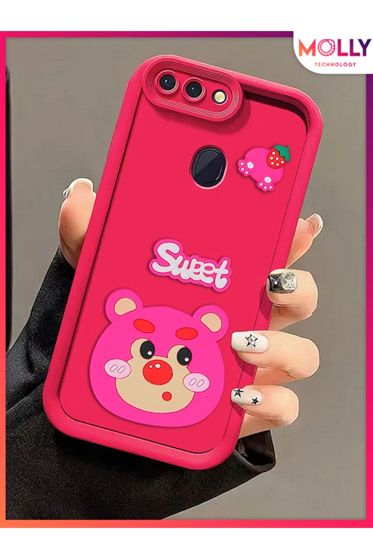 Molly Oppo AX7 İçin Magenta Kenarları Kalın 3d Kabartmalı Çilek Ayı Silikon Kılıf
