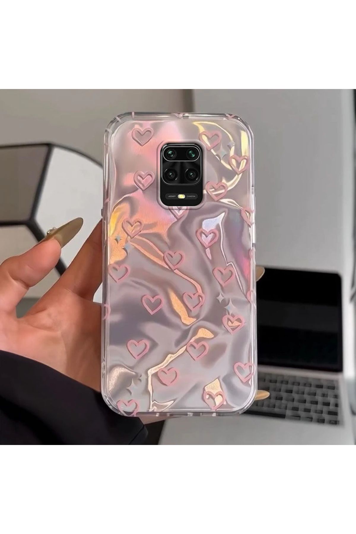 RONA STORE Redmi Note 9 Pro Uyumlu Zebana Pembe Kalp Desenli Silikon Kılıf