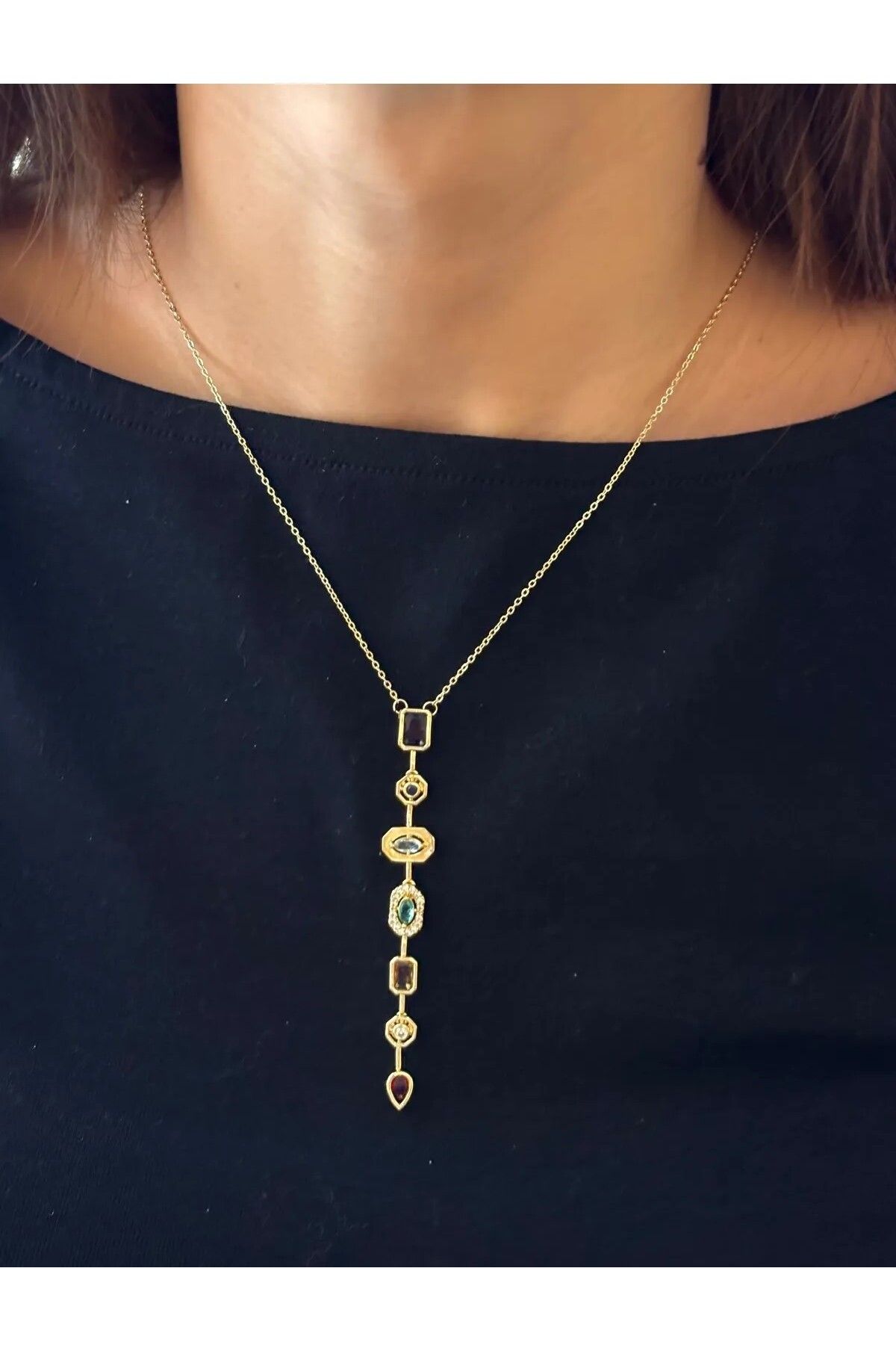 HEYjewelry Renkli Taşlı Melis Goral Y Kolye Gold Renk Kadın Kolye
