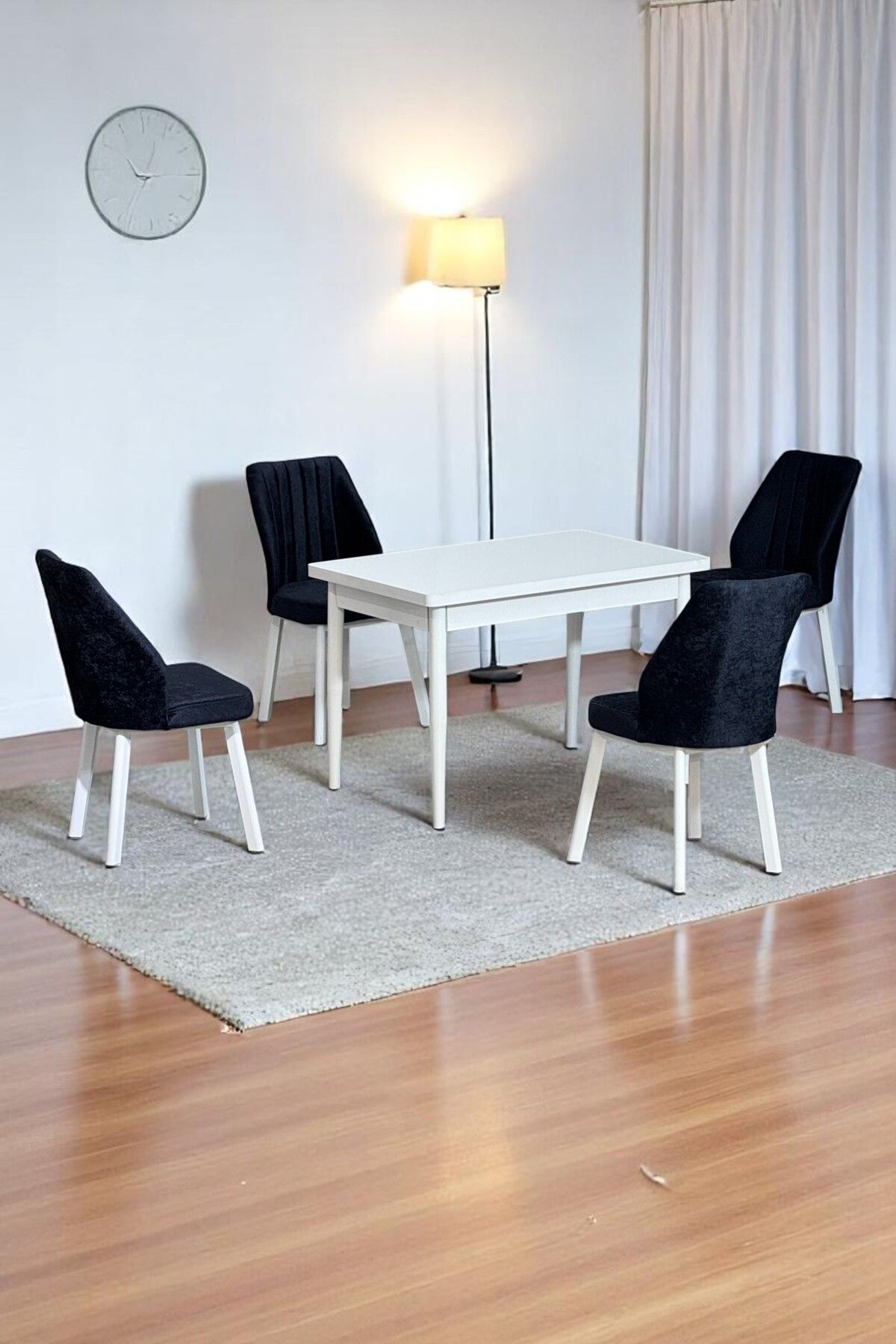 ARVEN Beyaz Sunta 70x110 Sabit Mutfak Masası Takımı Beyaz Metal Ayak 4 Siyah Sandalye-0