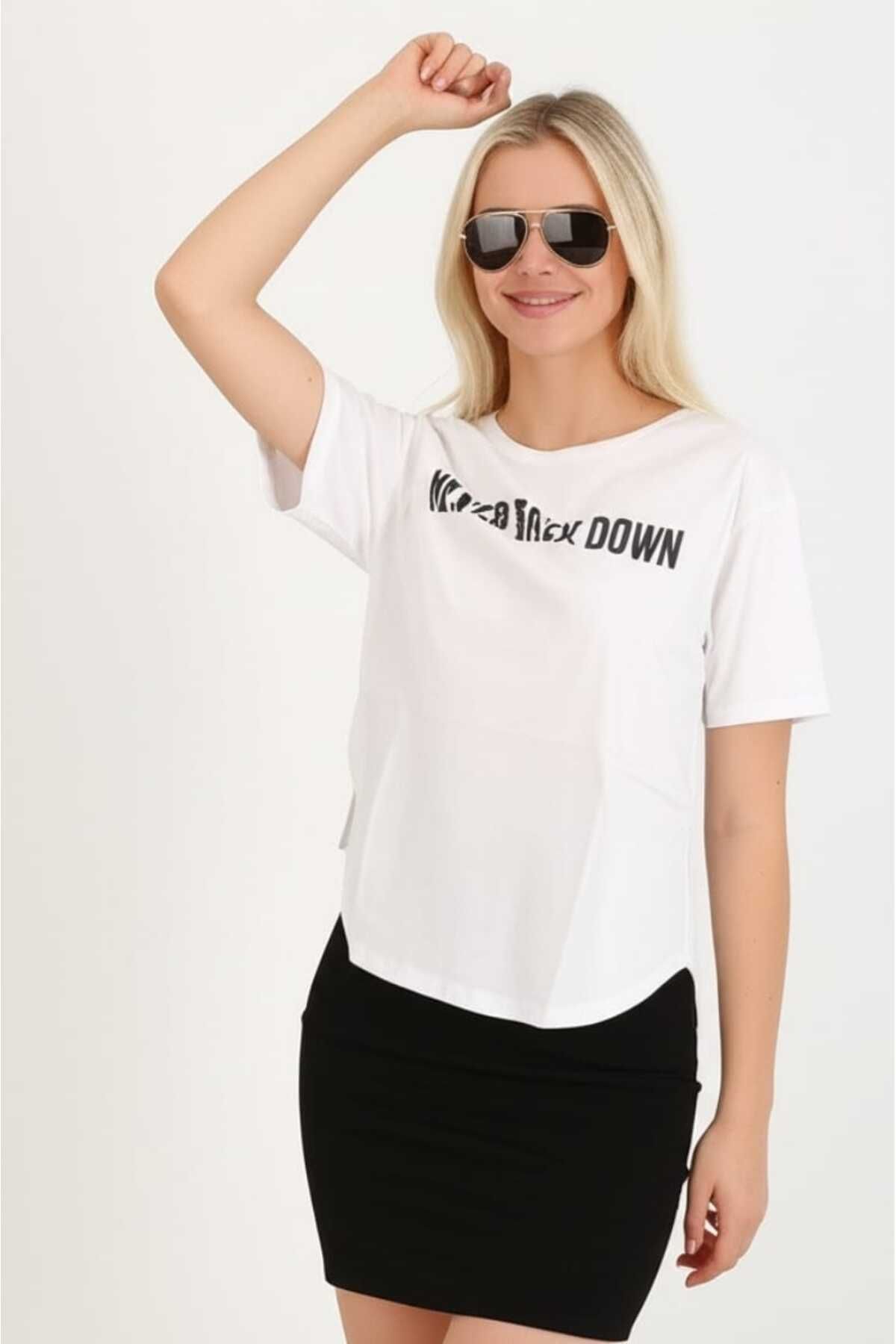 SSO High-Low Yuvarlak Etek Uçlu Kısa Kollu Bisiklet Yaka Baskılı T-Shirt