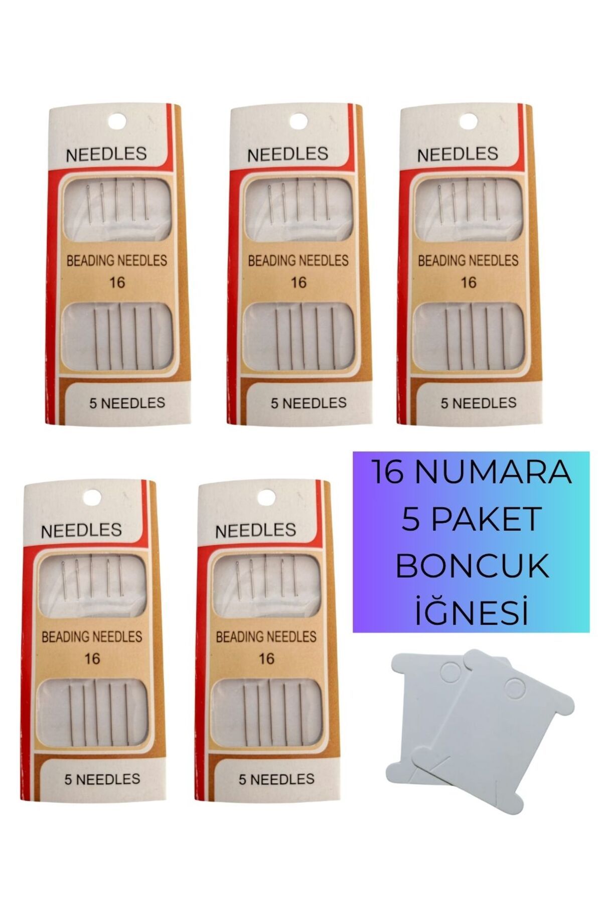 Eskişehir hobi sanat 16 Numara 5 Paket Silver Miyuki Iğnesi Esnek Kum Boncuk Iğnesi 5.5 Cm Ve 2 Adet Iplik Sarma Kartı