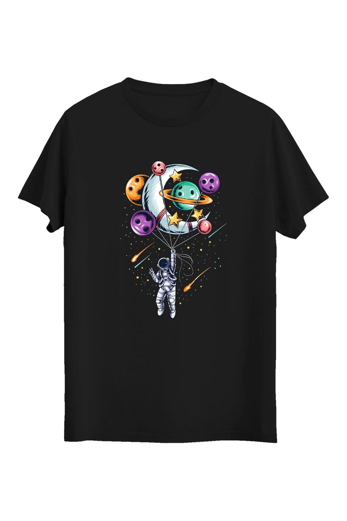 srcmarket Uzay Temalı Tshirt, Balonlu Astronot Baskılı Unisex Tshirt