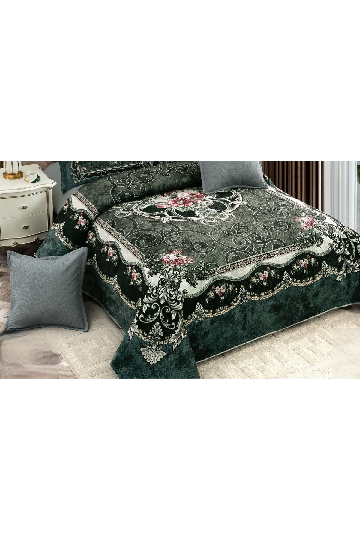 CHIRASO-CHIRASO Velvet Duvet Cover Set, 5 Pieces, 230x250, Abstract Print, dark green 3