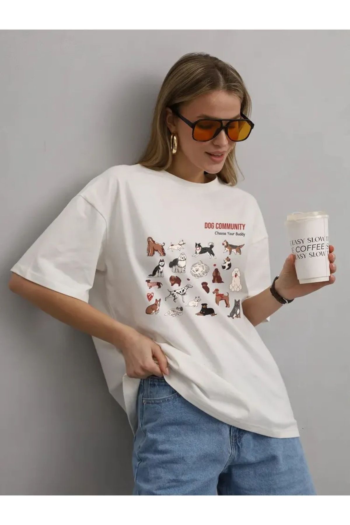ELNOYA Hayvan Sevenlere Beyaz Oversize "Dog Community" Baskılı Bisiklet Yaka Rahat T-shirt