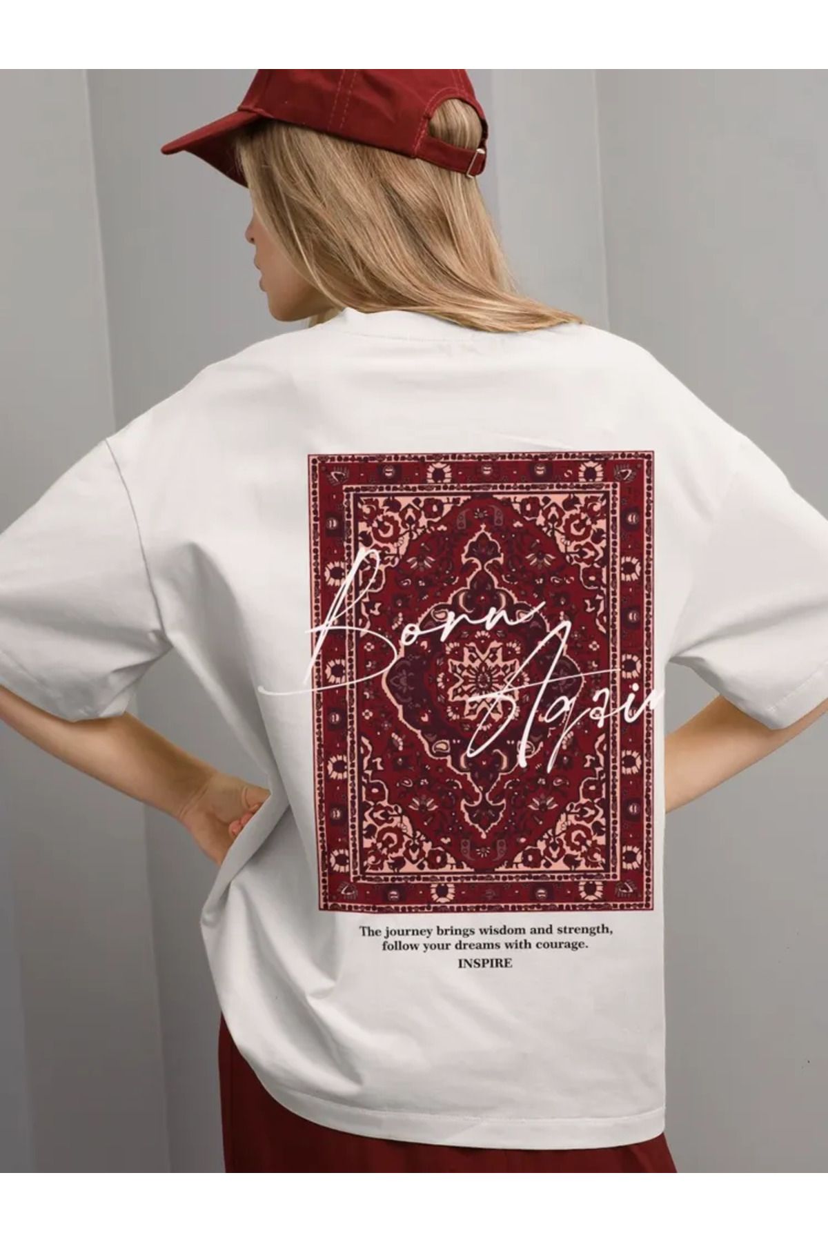 ELNOYA Unisex Pamuklu Beyaz Oversize "Inspire" Baskılı Bisiklet Yaka Rahat T-shirt