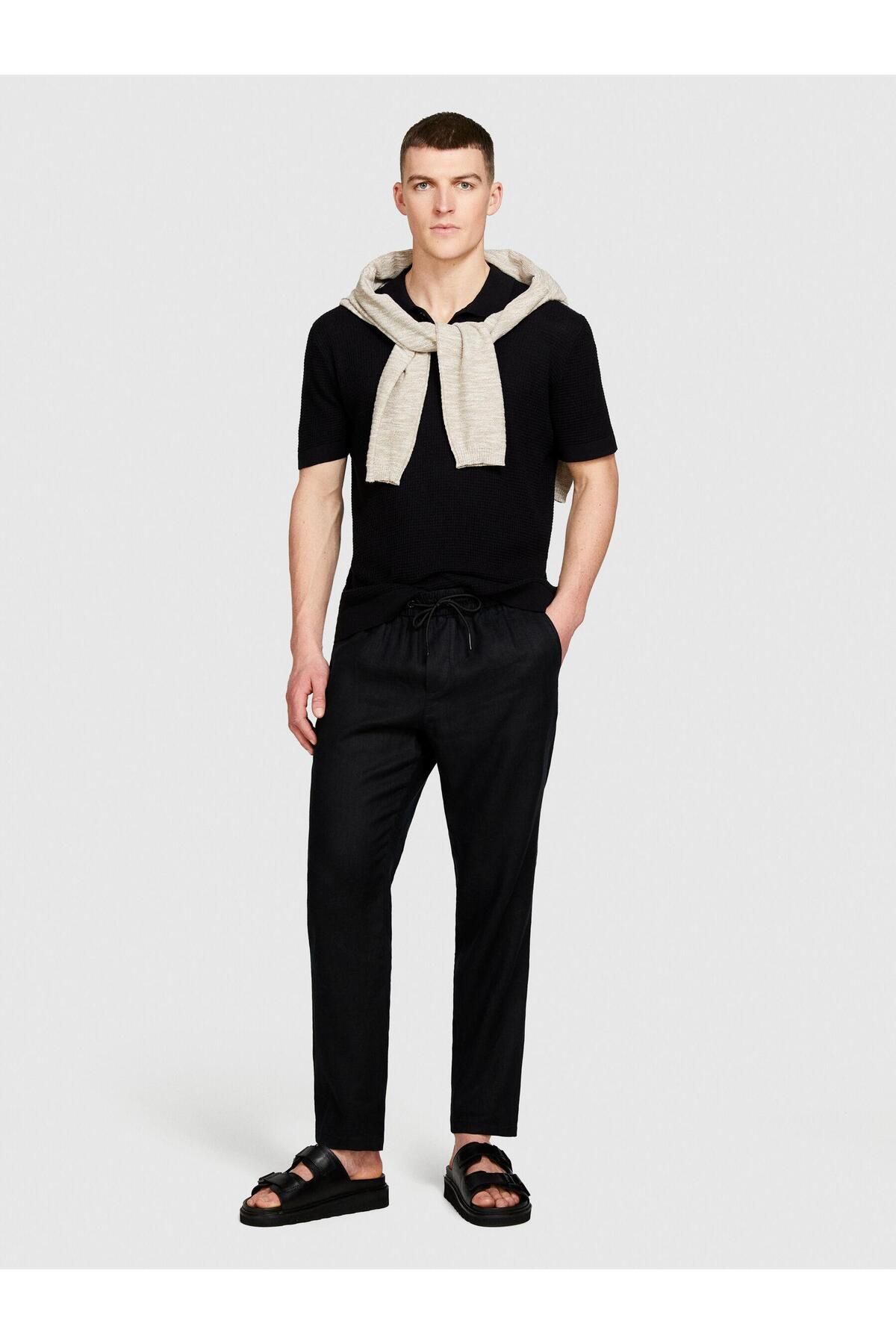 Sisley %100 Keten Beli Büzgülü İpli Slim Confort Fit Pantolon Erkek Siyah Pantolon - 324P4AGHSF043