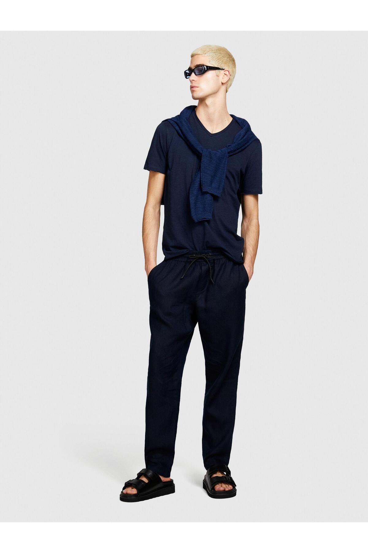 Sisley %100 Keten Beli Büzgülü İpli Slim Confort Fit Pantolon Erkek Lacivert Pantolon - 324P4AGHSF043