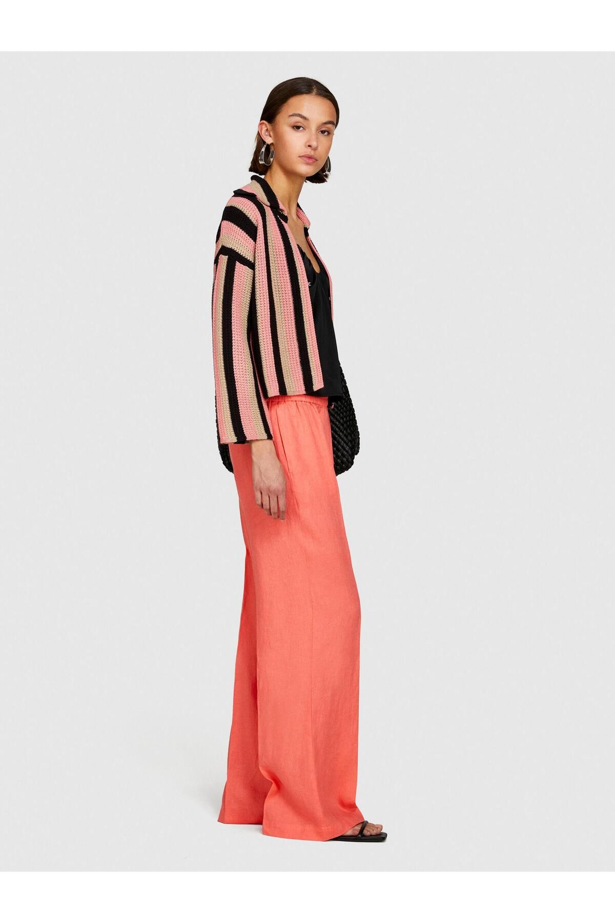 Sisley %100 Keten Beli Büzgülü Önü Pileli Geniş Paça Pantolon Kadın Düzenlenecek Pantolon - 324P4AGHLF03U