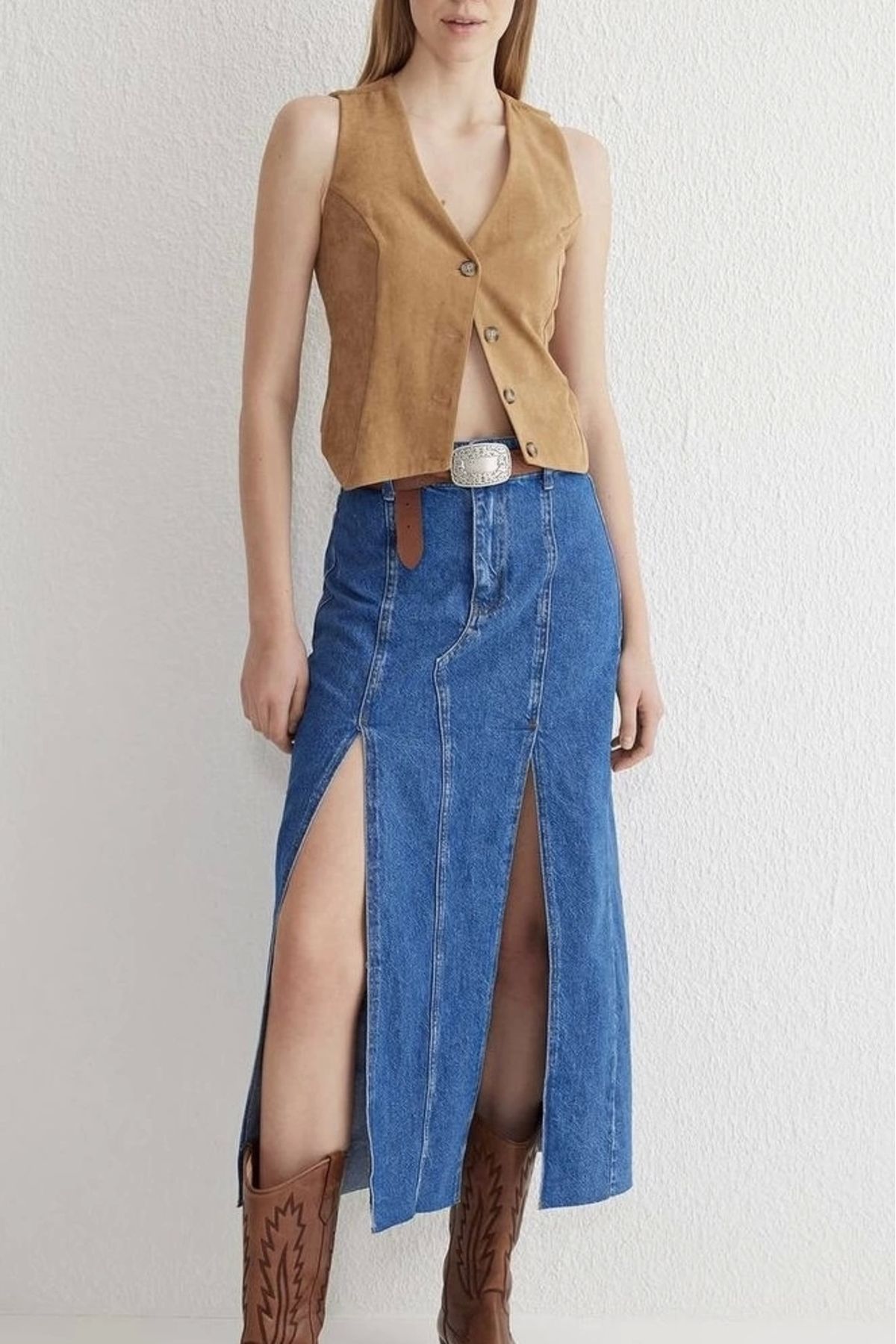 KAZAX Çift yırtmaçlı jean etek s140