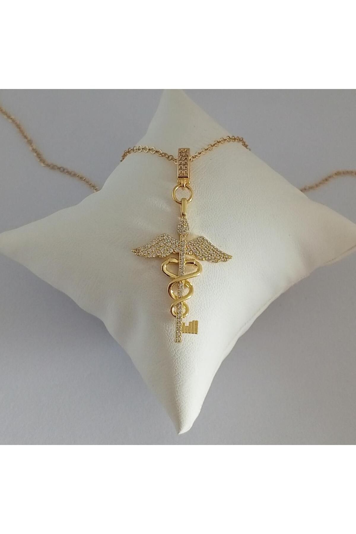 Ödül Moda Sağlık ve Şifa Sembolü Kolye Gold Pirinç Zirkon Taşlı Kanatlı Anahtar Tasarım