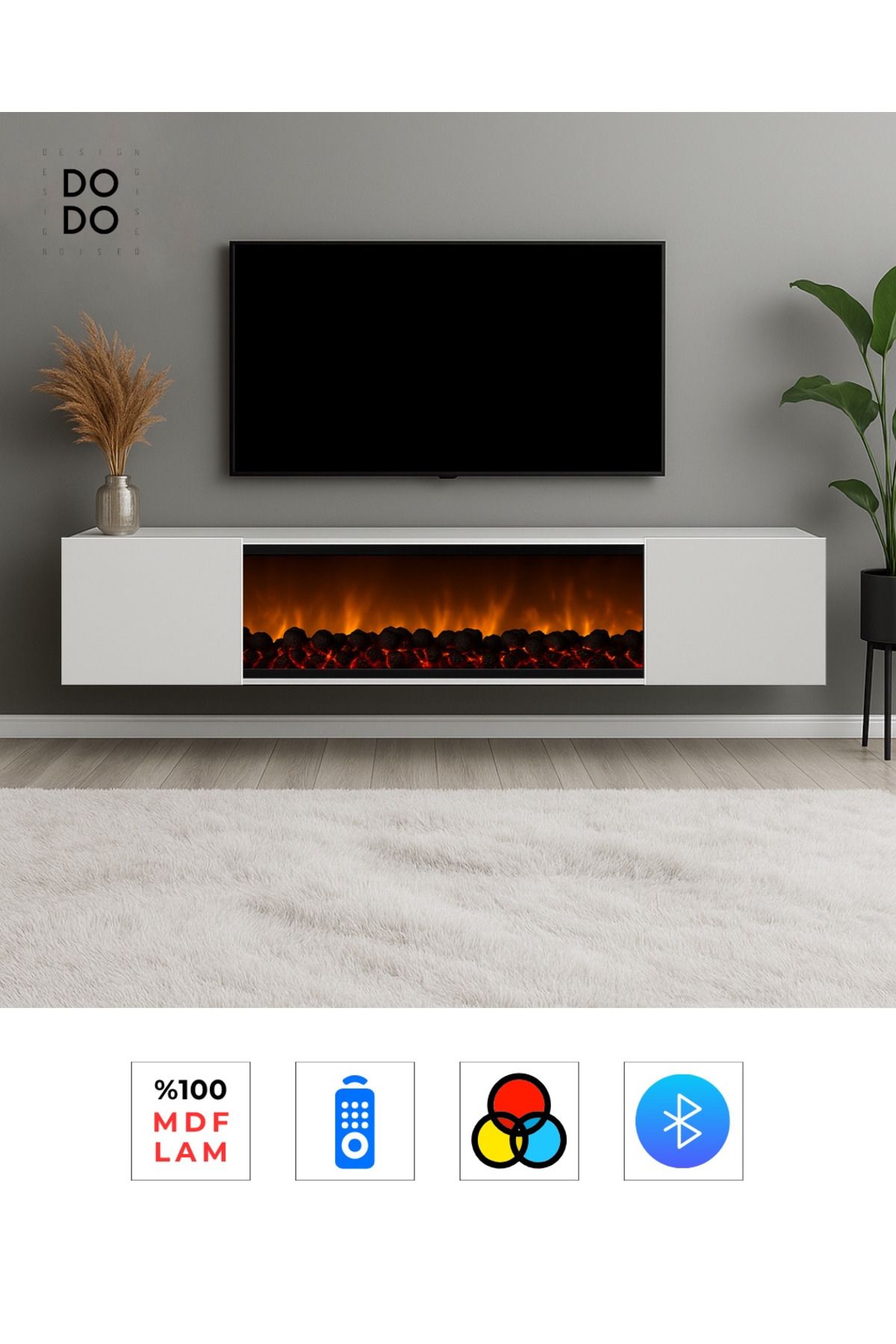 Dodo İç Mimarlık & Mobilya Tasarım PEMA ŞÖMİNELİ DUVARA MONTE TV ÜNİTESİ MDF 150 CM RENK MODU BLUETOOTH UZAKTAN KUMANDALI