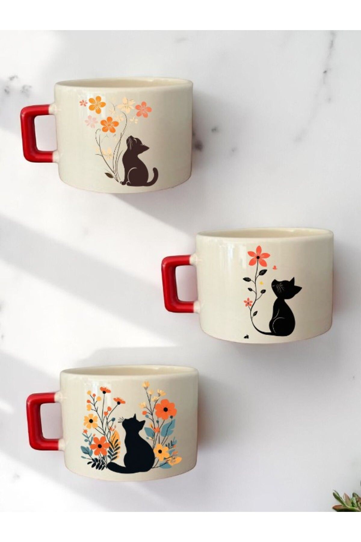 lili hediyelik Kedi ve Çiçek Baskılı Seramik Kahve Bardağı Hediyelik Kupa Bardak