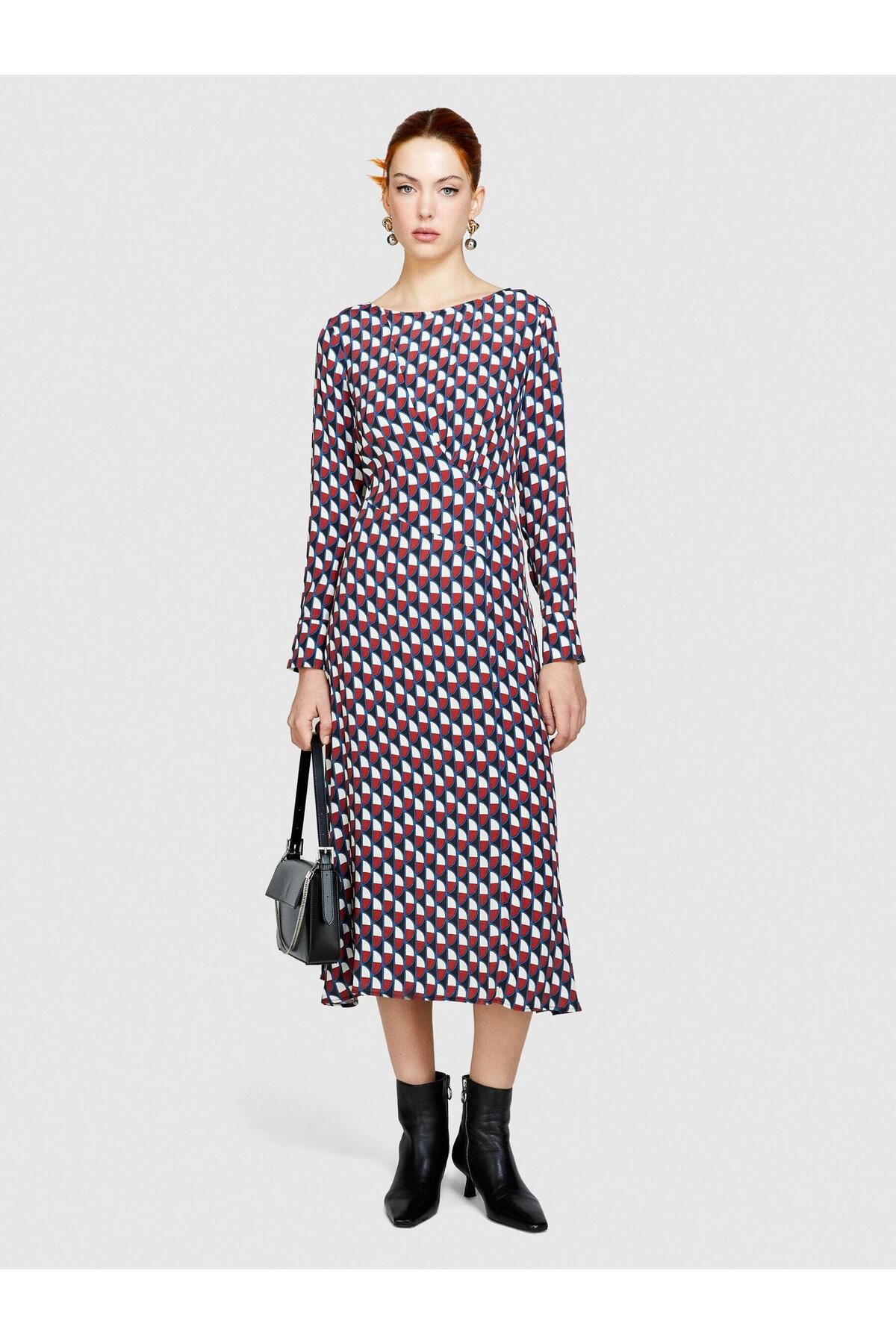 Sisley %100 Viskoz Tamamı Desenli Dik Yaka Uzun Kollu Elbise Kadın Mavi Elbise - 324P4UVWLV05F