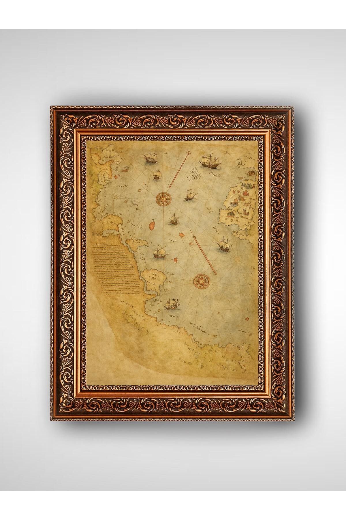 WoodyArts Piri Reis Dünya Haritası - Altın Renkli Vintage Çerçeve