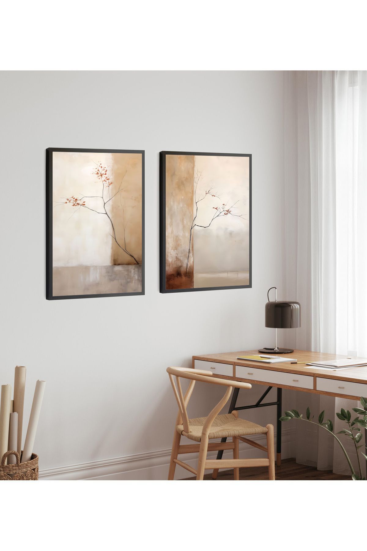 Artte Ahşap Çerçeveli 2li Modern Dal Desenli Tablo – Minimalist Doğa Temalı