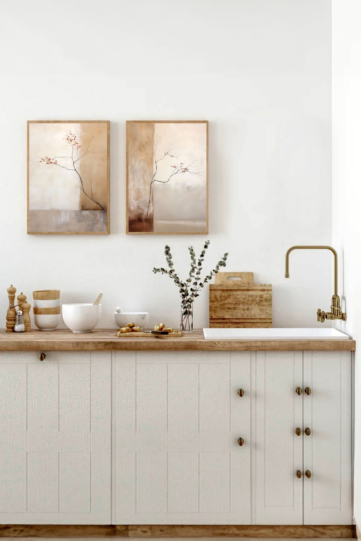 Artte Ahşap Çerçeveli 2li Modern Dal Desenli Tablo – Minimalist Doğa Temalı