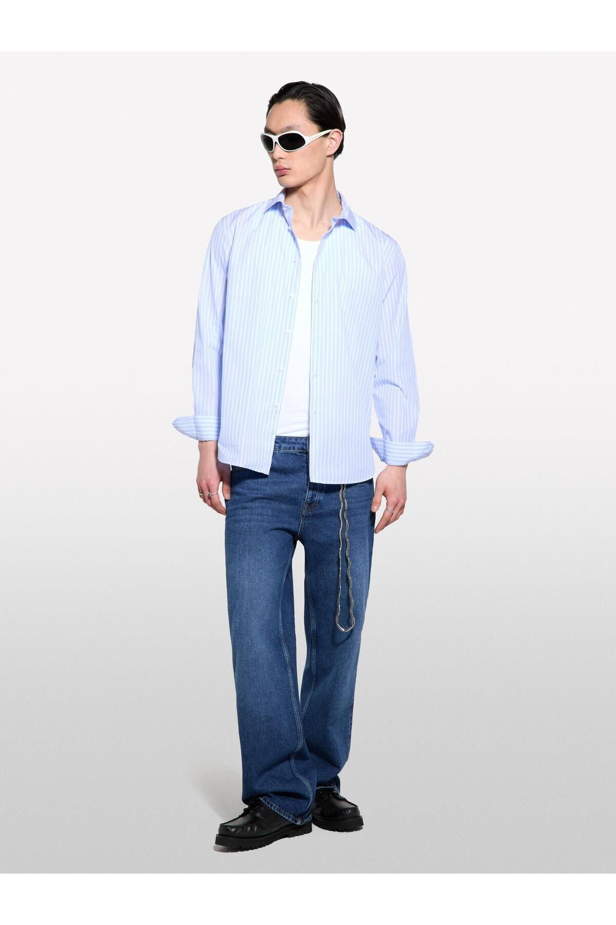 Sisley %100 Pamuk Fransız Yaka Regular Fit Gömlek Erkek Mavi Gömlek - 325P5MVUSQ04D