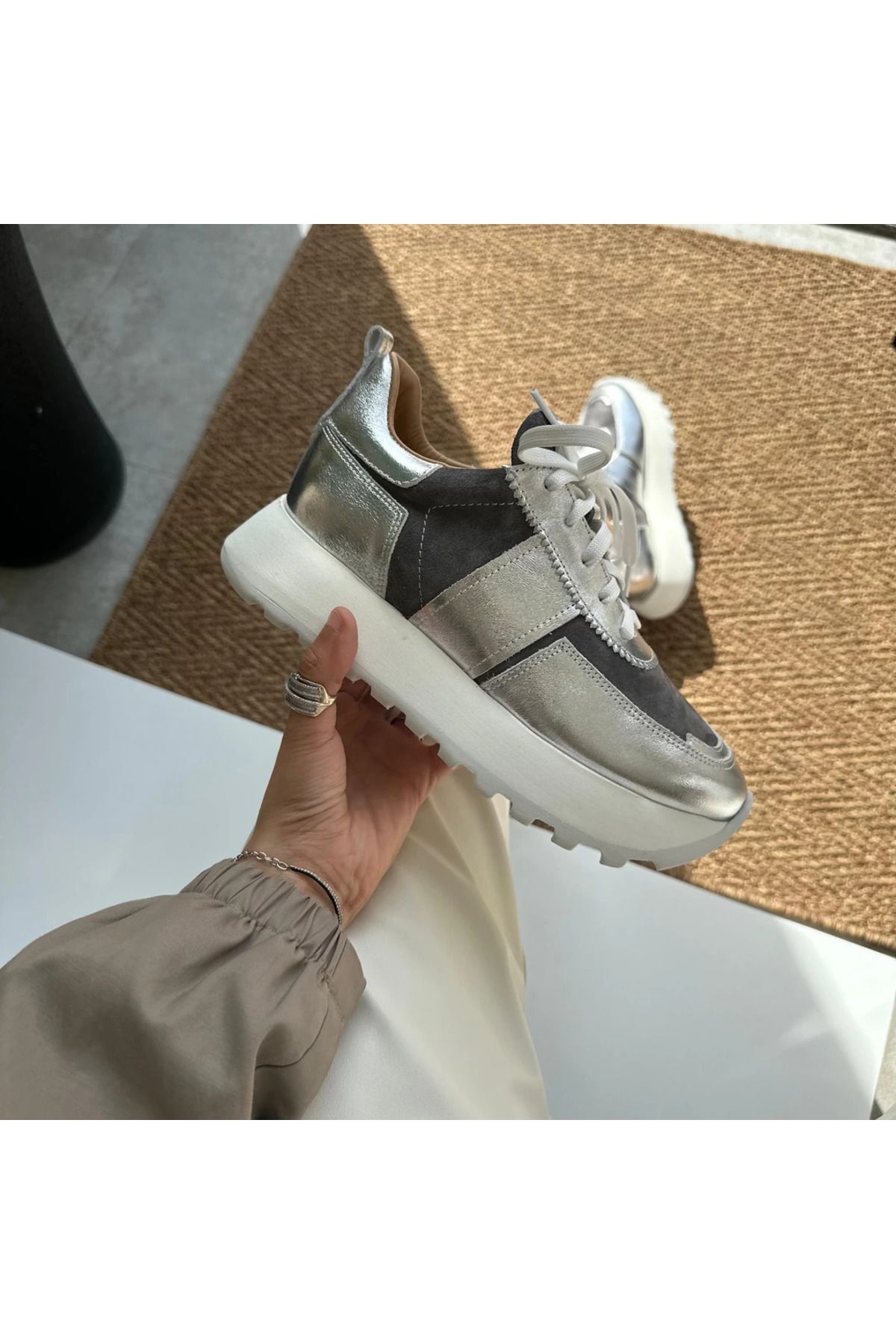 H&K GLOW Hakiki Deri Gümüş-Gri Garni Sneaker