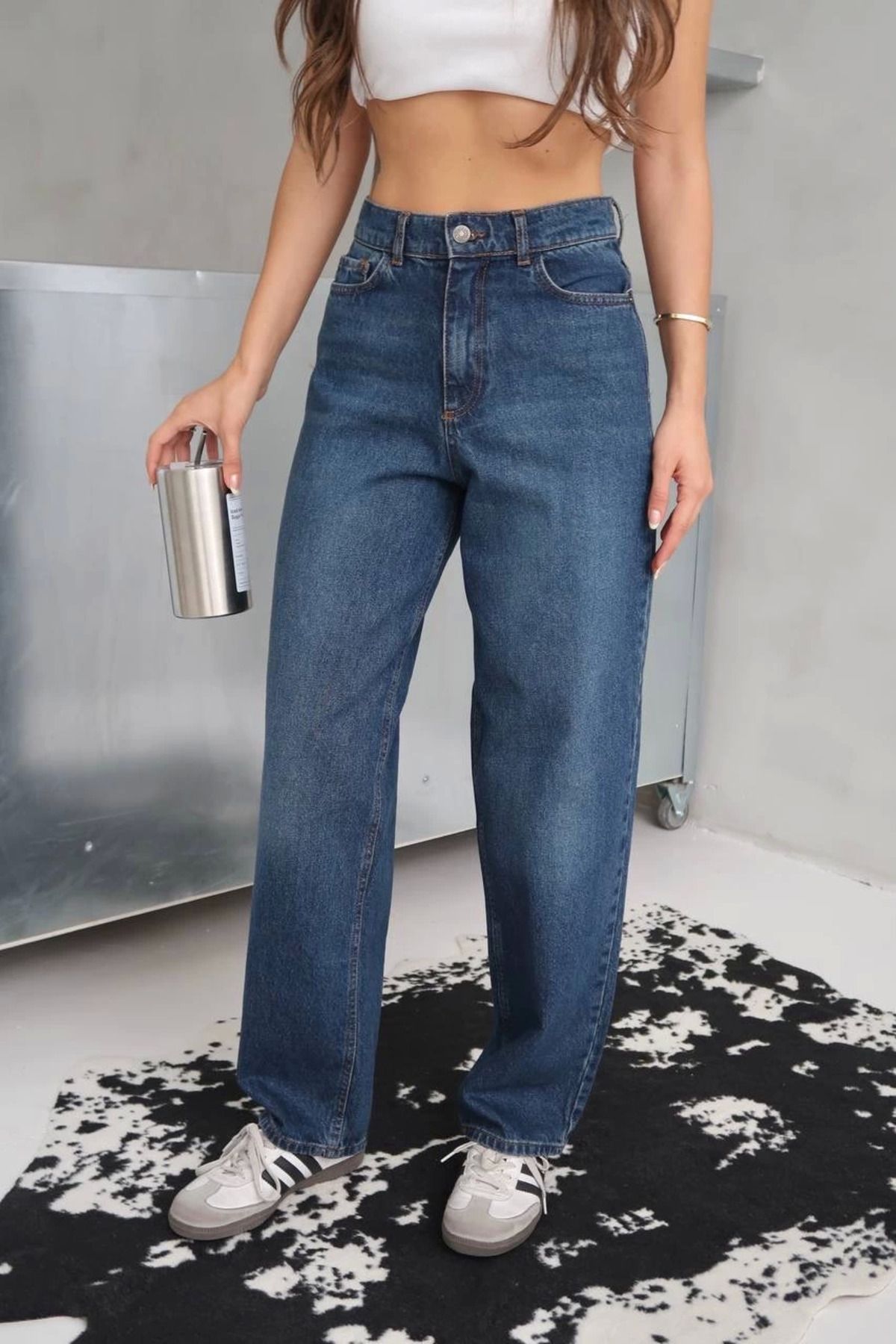 İntive Lingerie Arkadan Tokalı Mavi Yüksek Bel Boru Paça Spor Smart Casual Jeans Pantolon