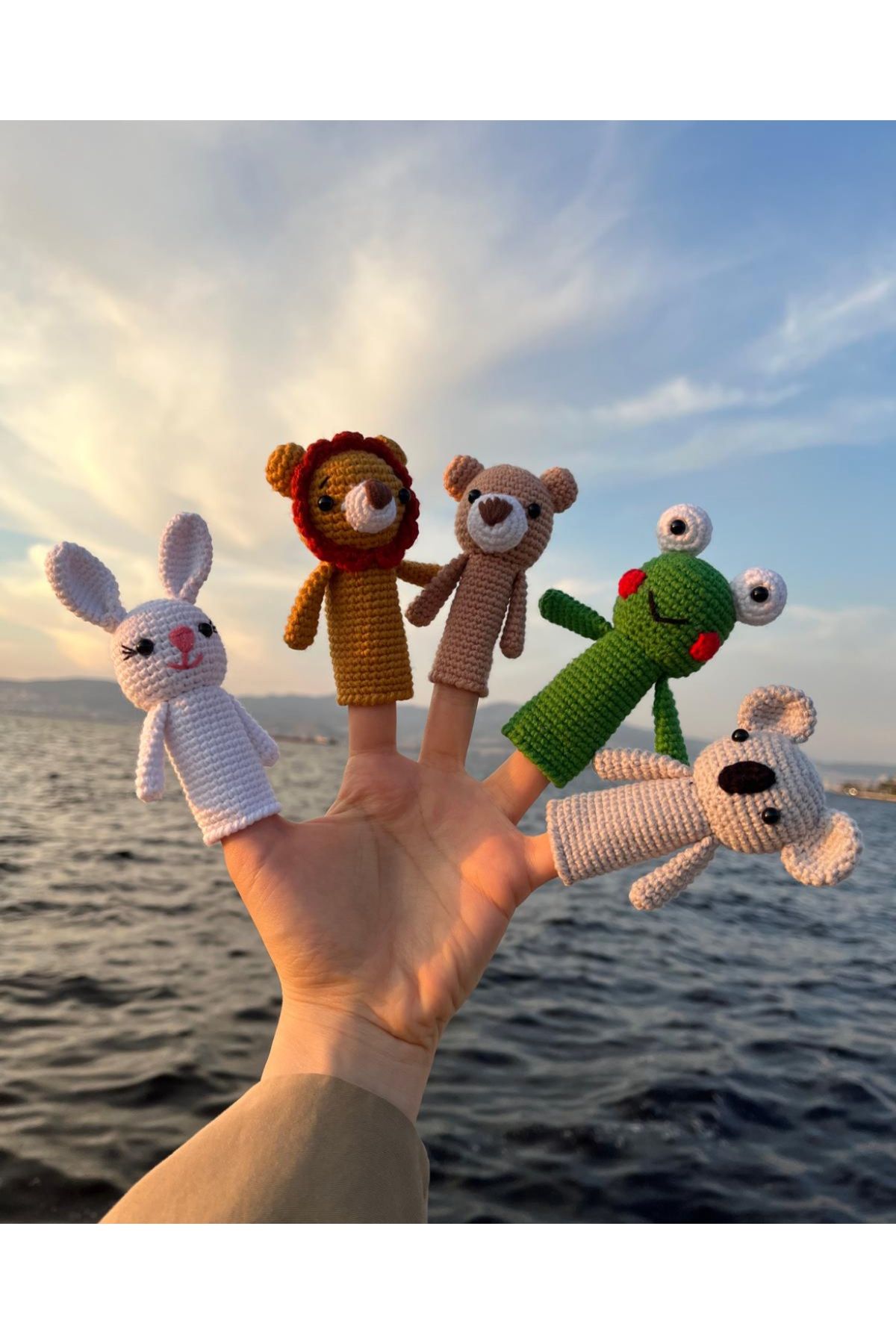 Handmade Hayvan figür parmak kuklalar (5’li set - tavşan, aslan, ayıcık, kurbağa, koala)