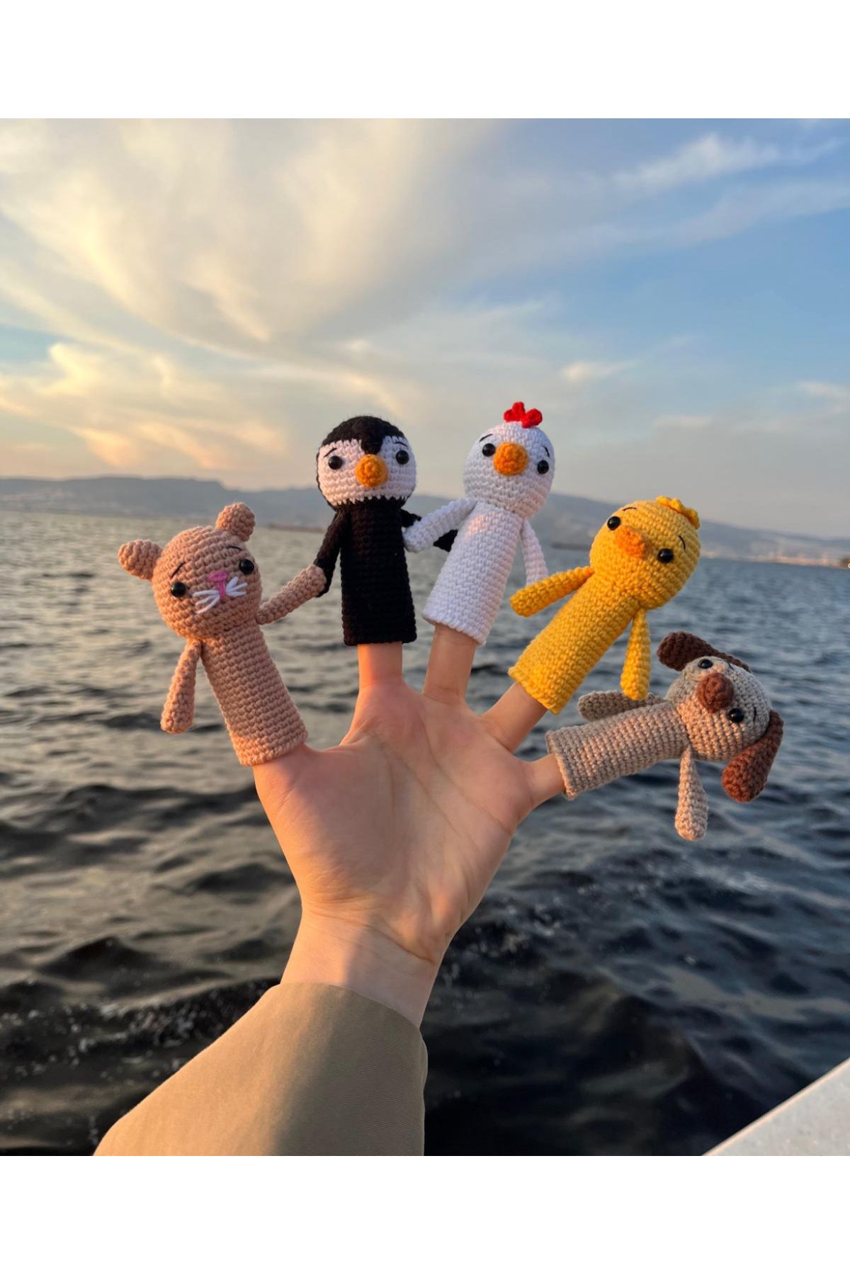 Handmade Hayvan figür parmak kukla seti (5’li set - kedi, penguen, horoz, civciv, köpek)