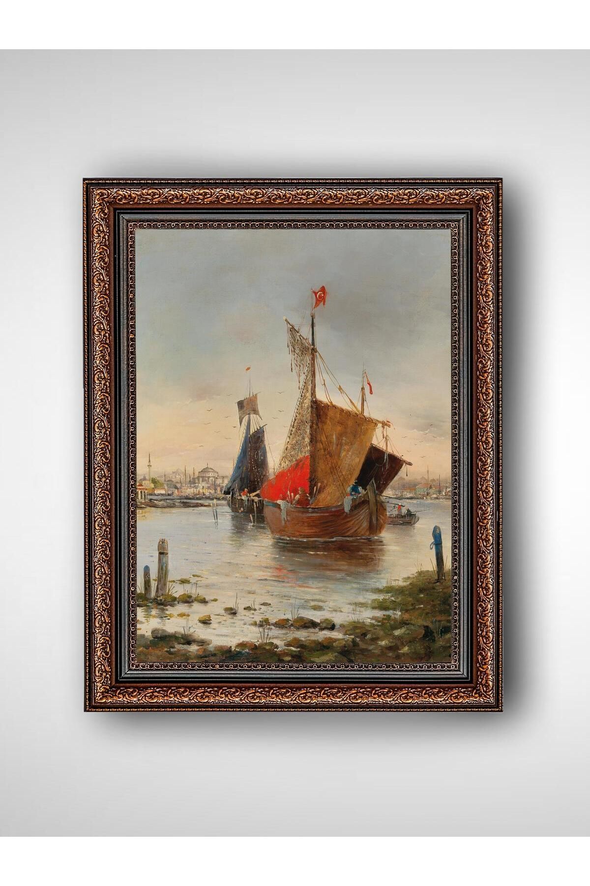 WoodyArts Türk Bayraklı Gemi - Kahverengi Vintage Çerçeve