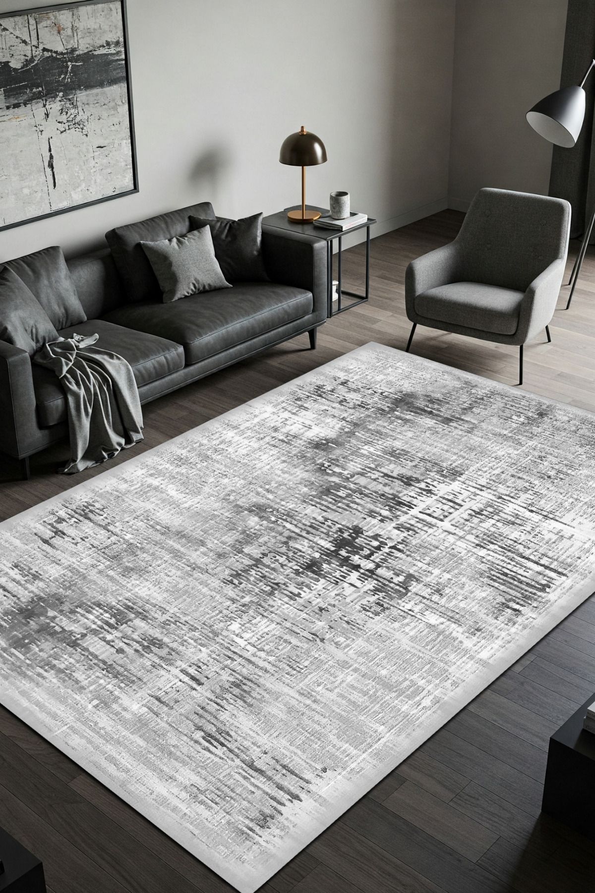 The Reef Design Siyah Vintage Halı Dijital Baskılı Pamuk Kaymaz Tabanlı Yıkanabilir Yazlık Halısı