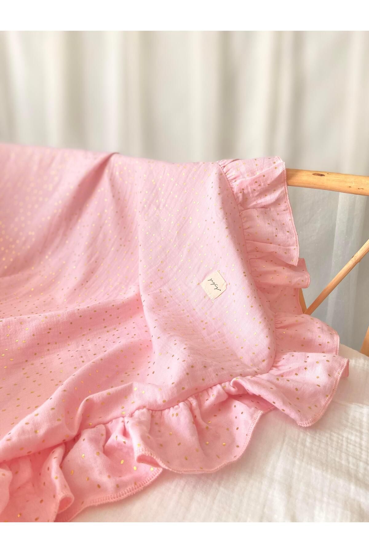 Zezig Goldie Pembe Fırfırlı Çift Kat %100 Pamuk Müslin Örtü