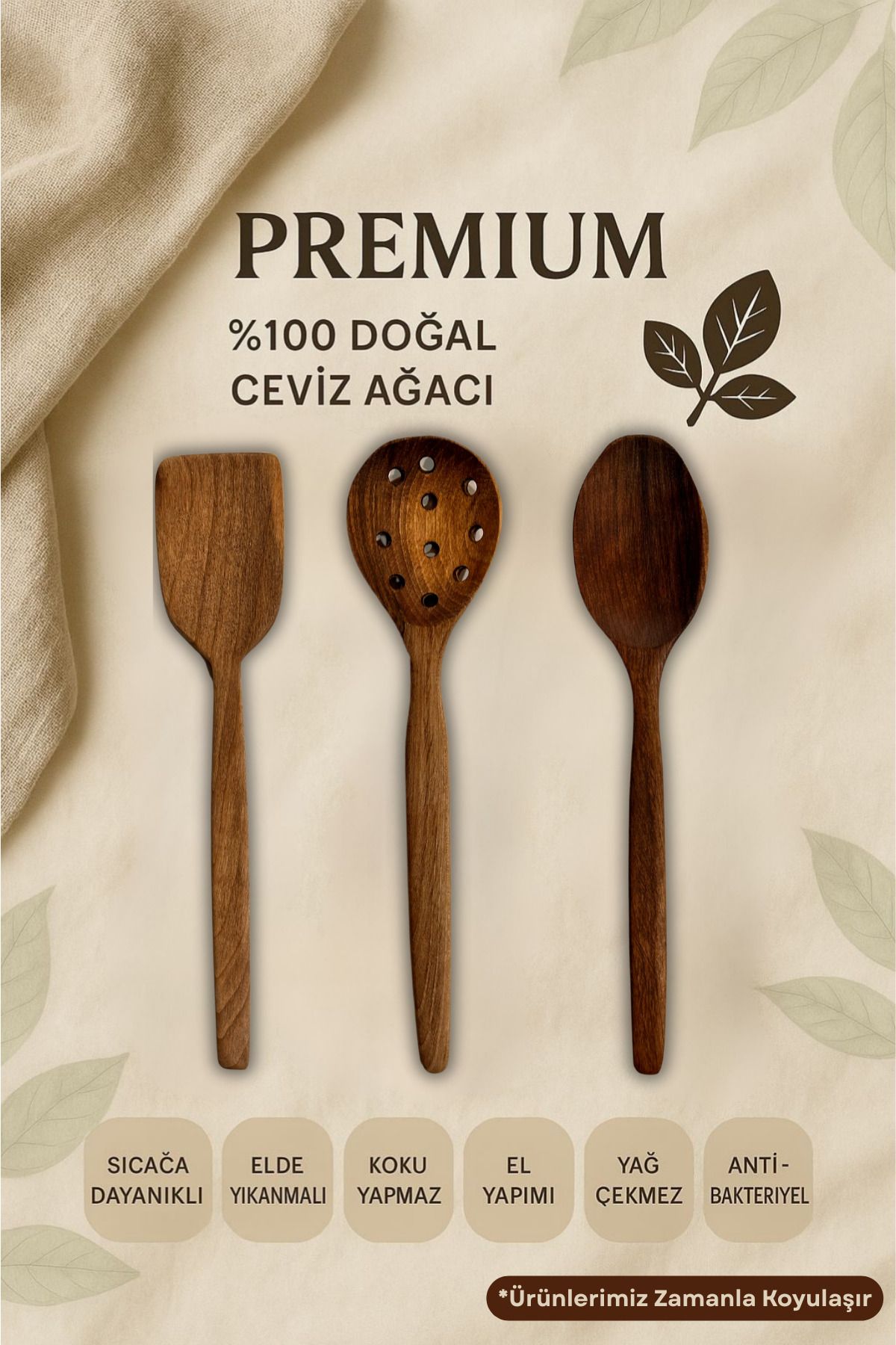 Ülgenev 3'lü %100 Doğal Çizme Yapmaz Ceviz Ağacı Ahşap Mutfak Seti – Spatula, Kaşık, Kevgir
