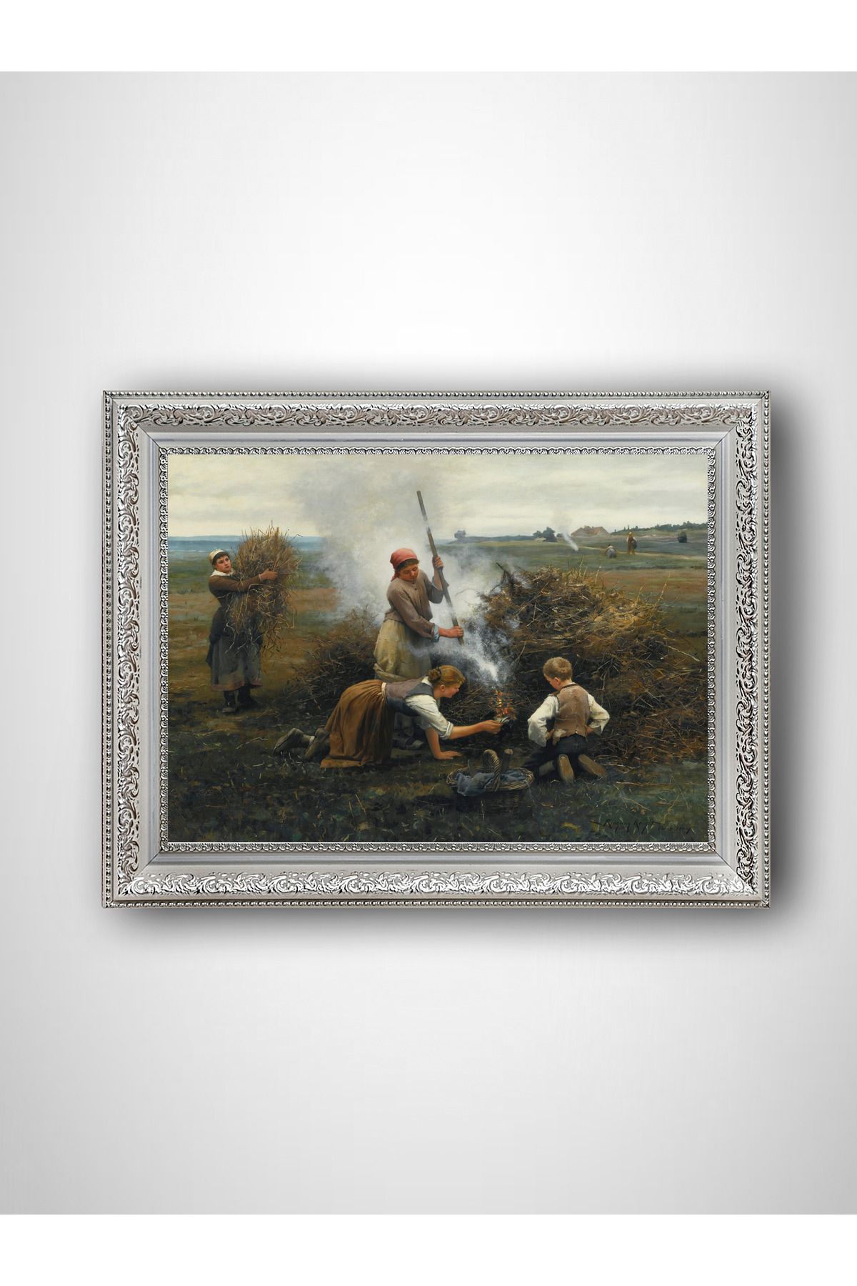 WoodyArts Tarlada Çalışan İnsanlar - Beyaz Vintage Çerçeve