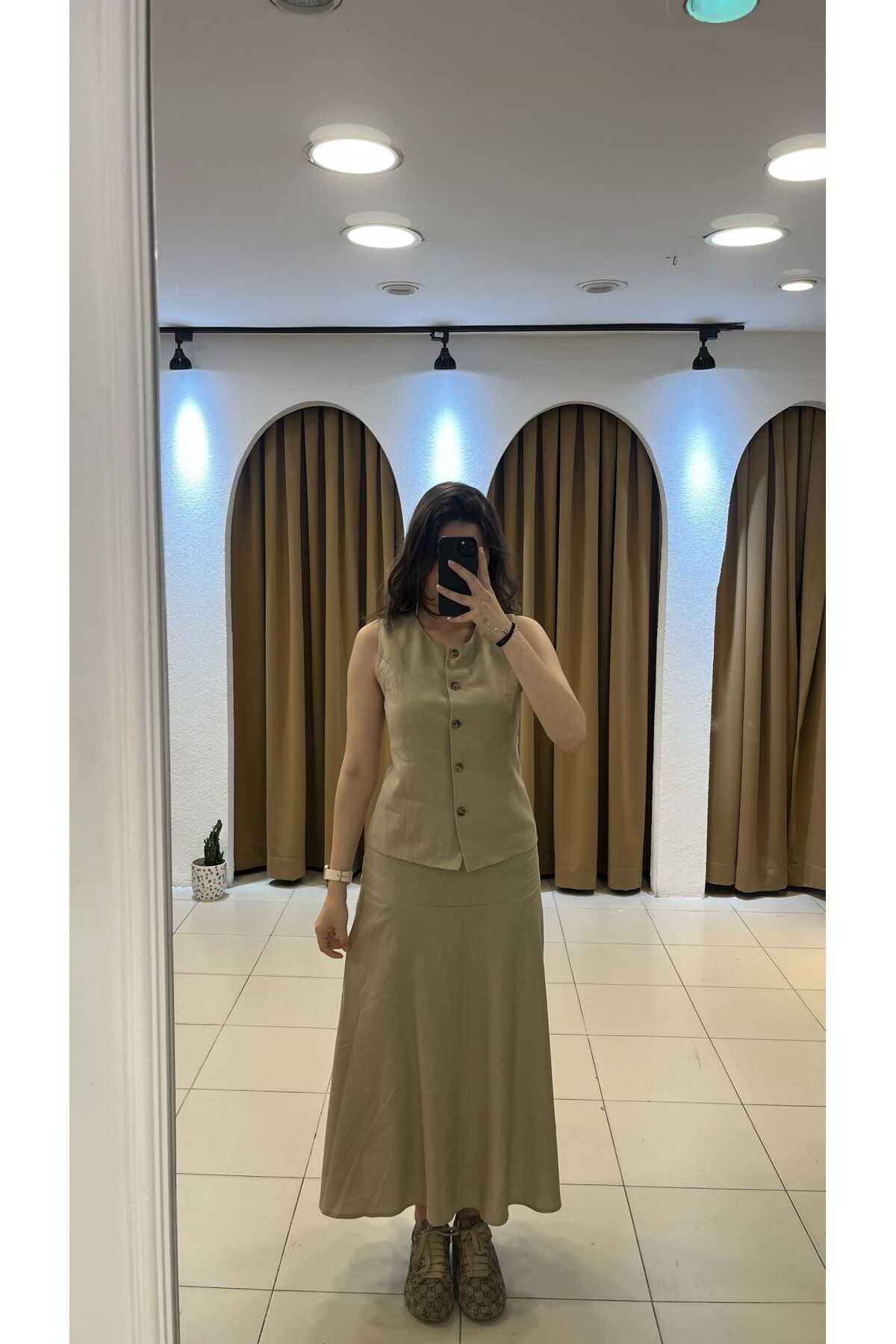 SUNAYBUTİK BEJ KETEN MIDI ETEK