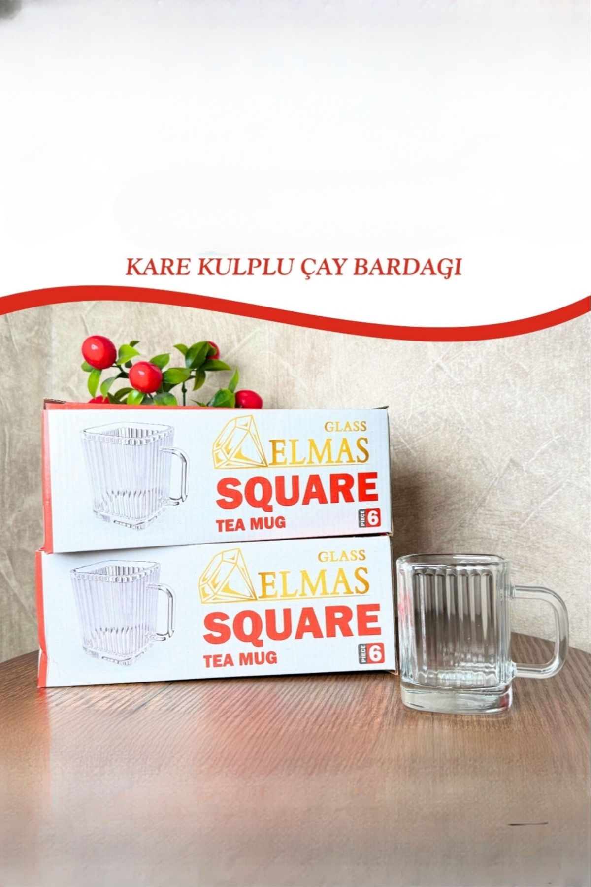 Gülümseten Avm 6 lı Kare Kulplu Cam Çay Bardağı | Origami Çizgili Cam Kulplu Bardak