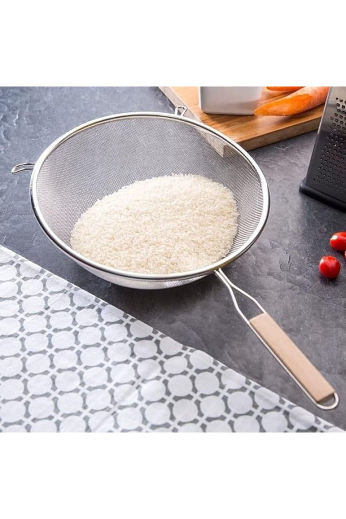 ShopZum Deconox Ahşap Saplı Paslanmaz Çelik Süzgeç, Büyük Boy Metal Süzgeç 24 * 10 Cm - Estetik Ve