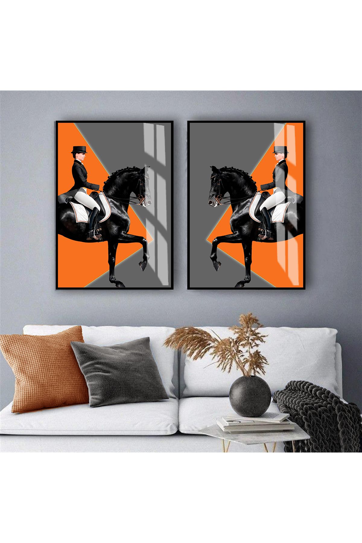 Harikabirev HARİKABİREV| KADIN JOKER AT KOMBİN (ORANGE-GREY) |ÇERÇEVELİ CAM TABLO 2Lİ DİKEY