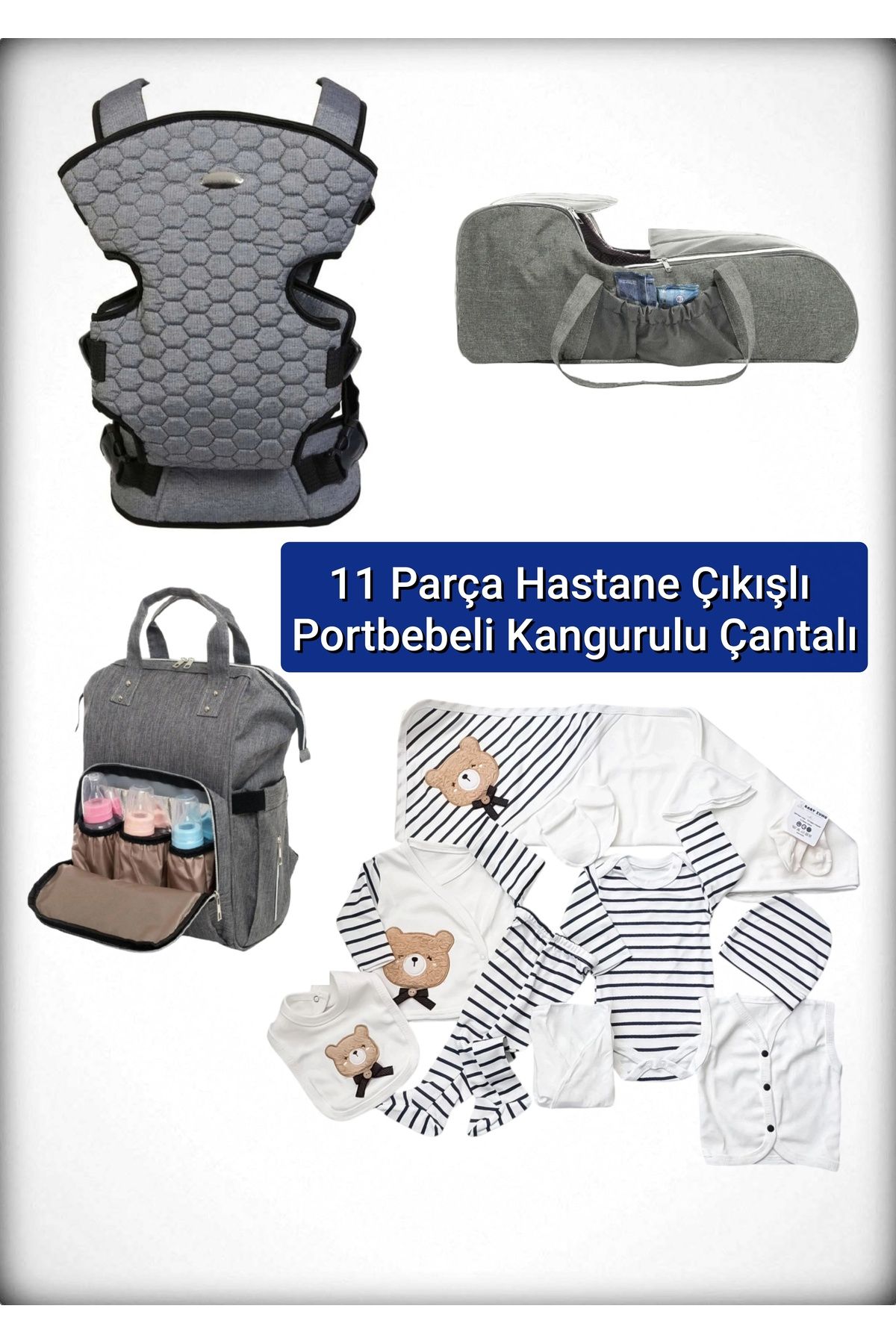 BABY ZUHU 4 Lü Doğum Seti 11 Parça Hastane Çıkışlı Portbebeli Kangurulu ve Anne Bebek Bakım Çantalı