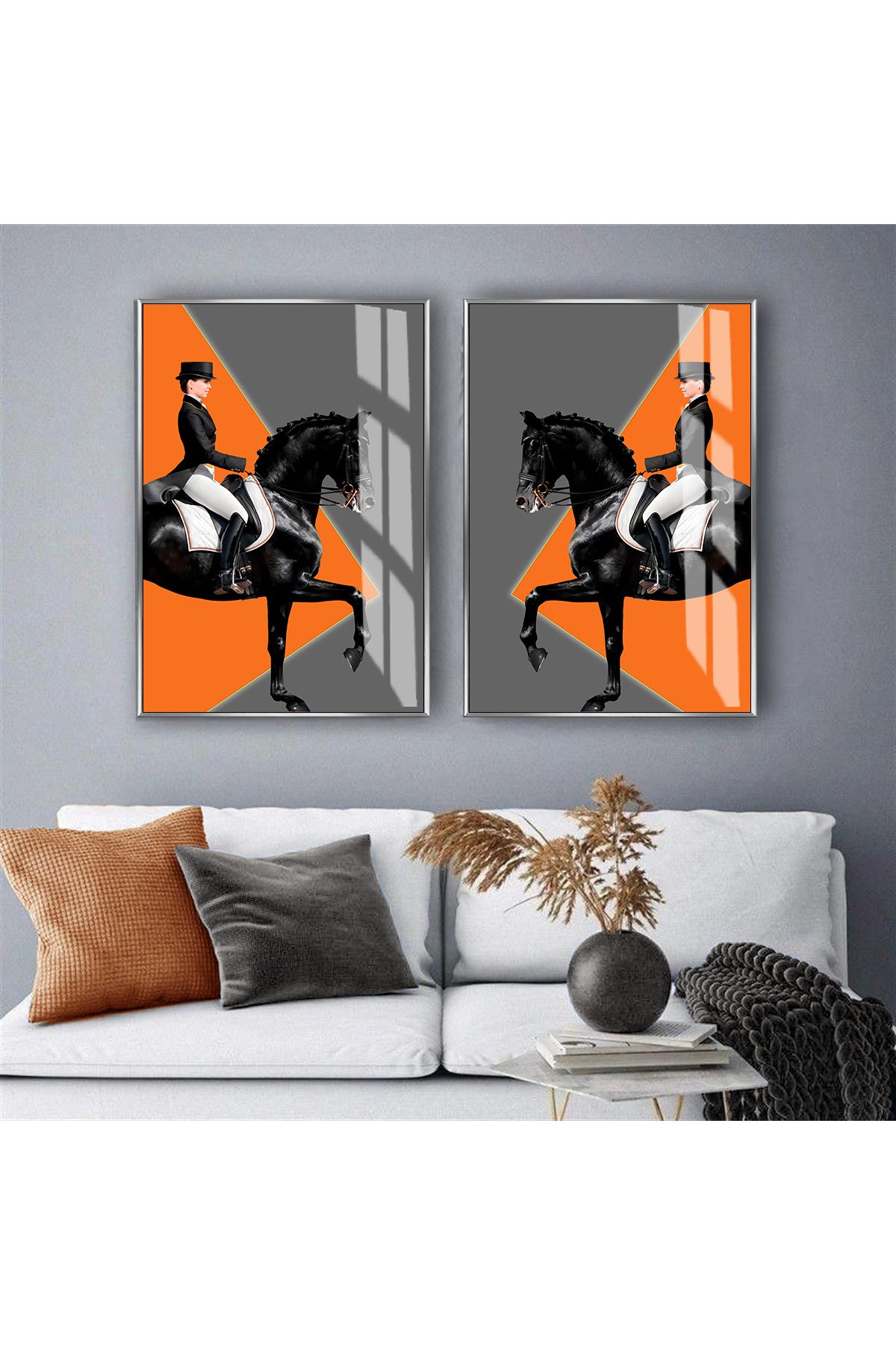 Harikabirev HARİKABİREV| KADIN JOKER AT KOMBİN (ORANGE-GREY) |ÇERÇEVELİ CAM TABLO 2Lİ DİKEY