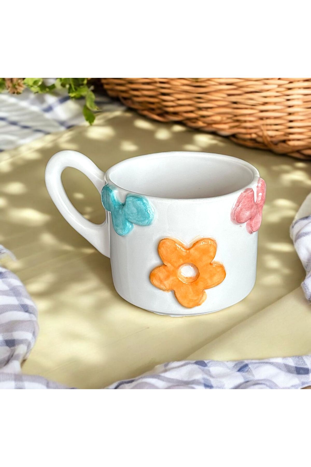 More Safe MSHANDMADE El Yapımı Seramik Çay Kahve Kupası Duble Türk Kahvesi Fincanı Kupa, Flowers Mug