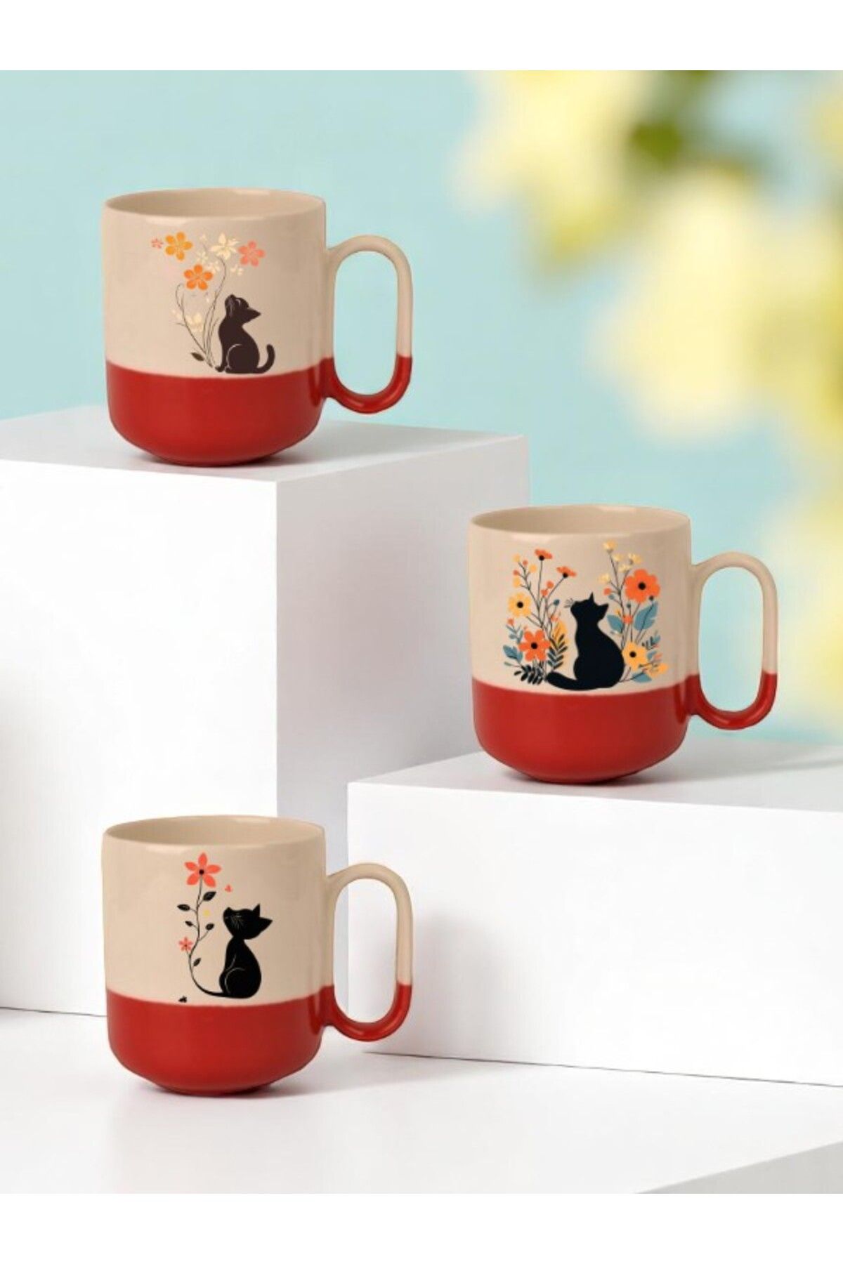 lili hediyelik Kedi ve Çiçek Baskılı Kırmızı Tabanlı 3'lü Seramik Kupa Bardak