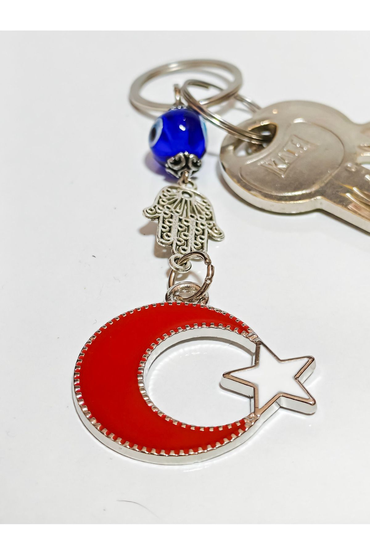 moncuk design Metal Ay Yıldızlı Türk Bayraklı ve Metal Fatımanın Eli-Hamsalı Anahtarlık